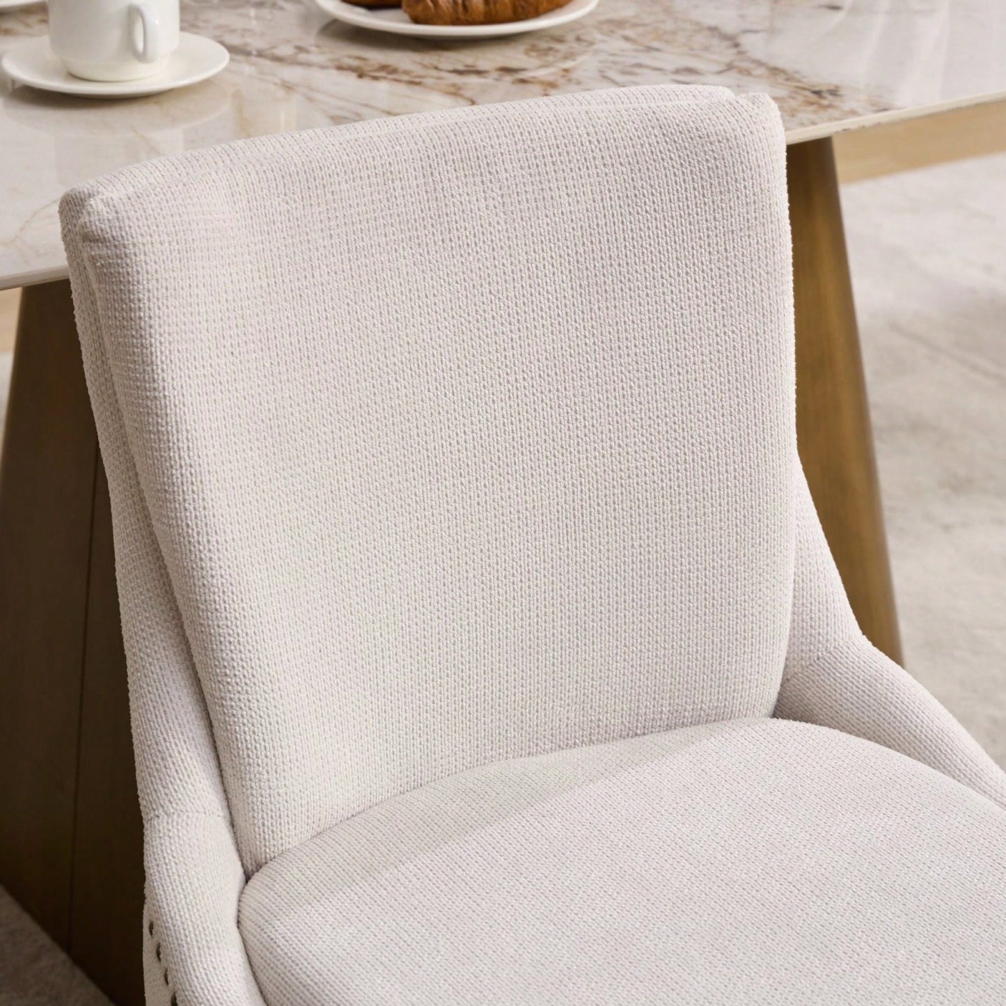 Double Layer Cushioned Chenille Upholstered Dining Chairs Set of 2 Mid Back Curved Solid Wood Legs Living Room Dining Room Beige