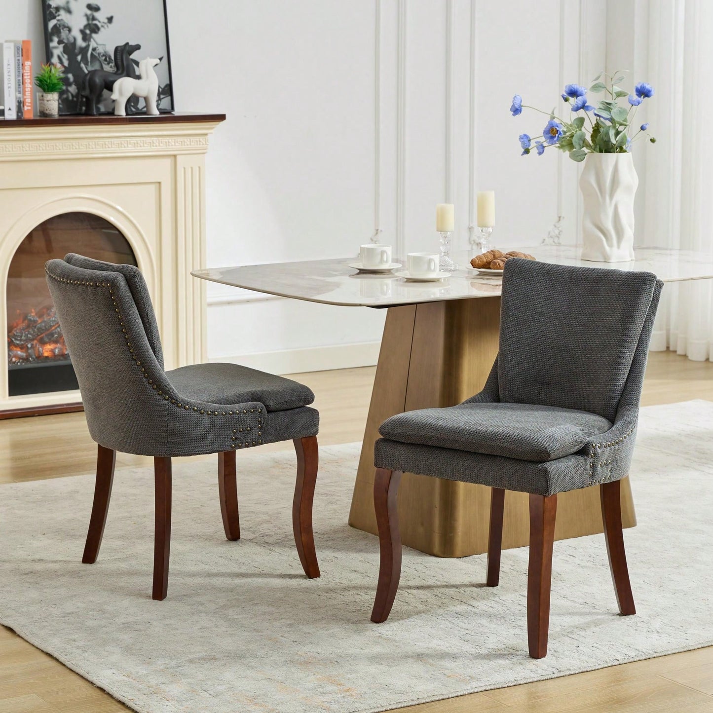 Double Layer Cushioned Chenille Upholstered Dining Chairs Set of 2 Mid Back Curved Solid Wood Legs Living Room Dining Room Beige
