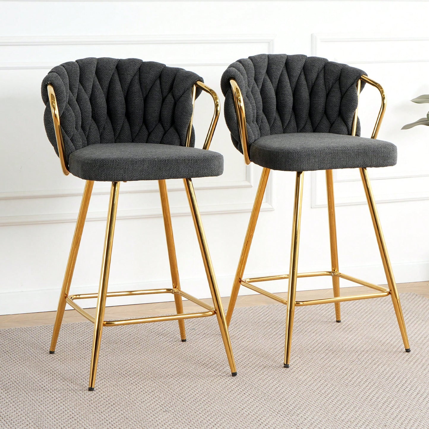 Modern High Stool With Gold Plated Legs Dark Grey Linen Bar Chairs For Kitchen Dining Cafe Restaurant Set Of 2
