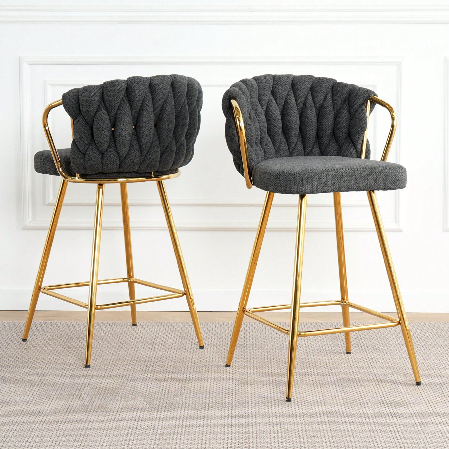 Modern High Stool With Gold Plated Legs Dark Grey Linen Bar Chairs For Kitchen Dining Cafe Restaurant Set Of 2