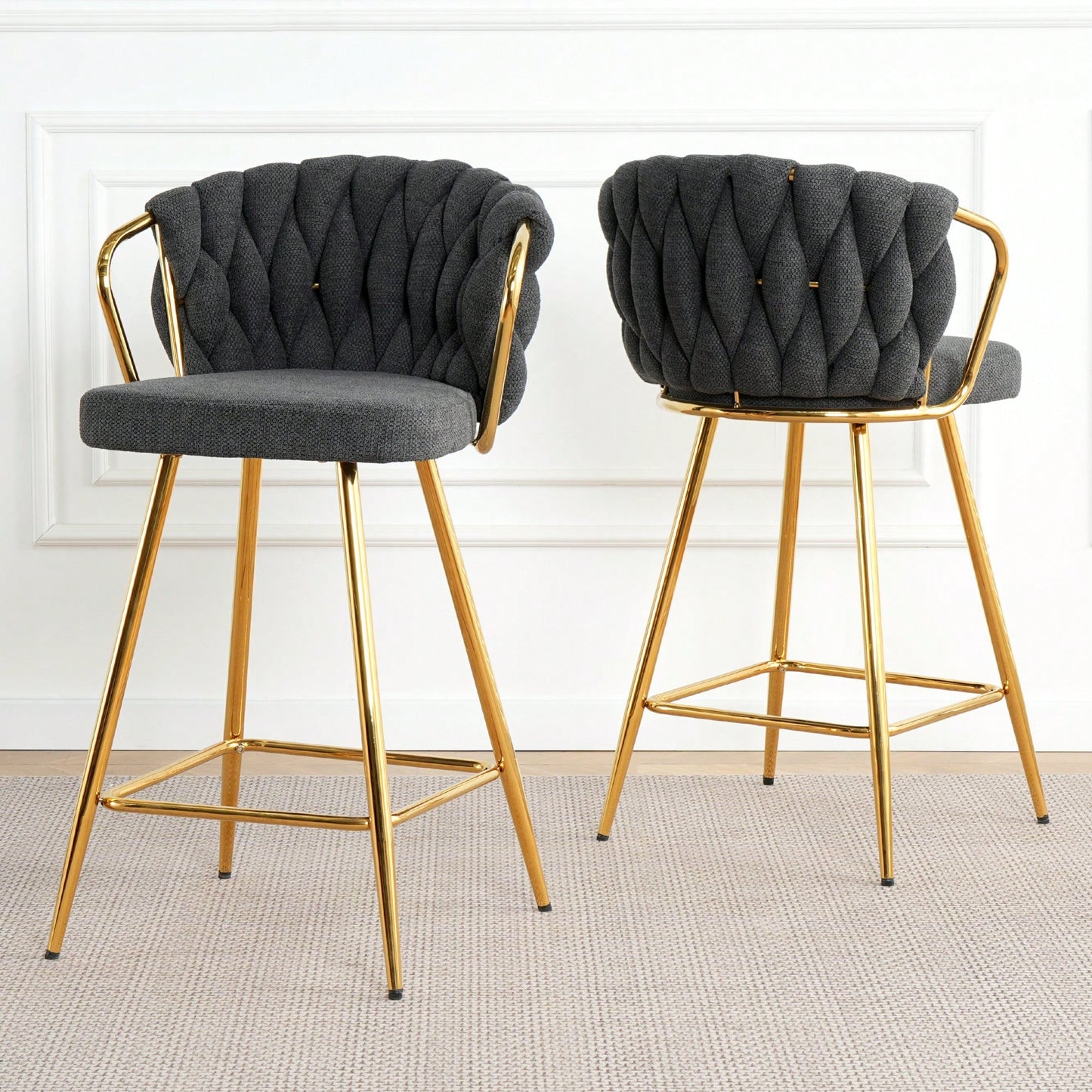 Modern High Stool With Gold Plated Legs Dark Grey Linen Bar Chairs For Kitchen Dining Cafe Restaurant Set Of 2