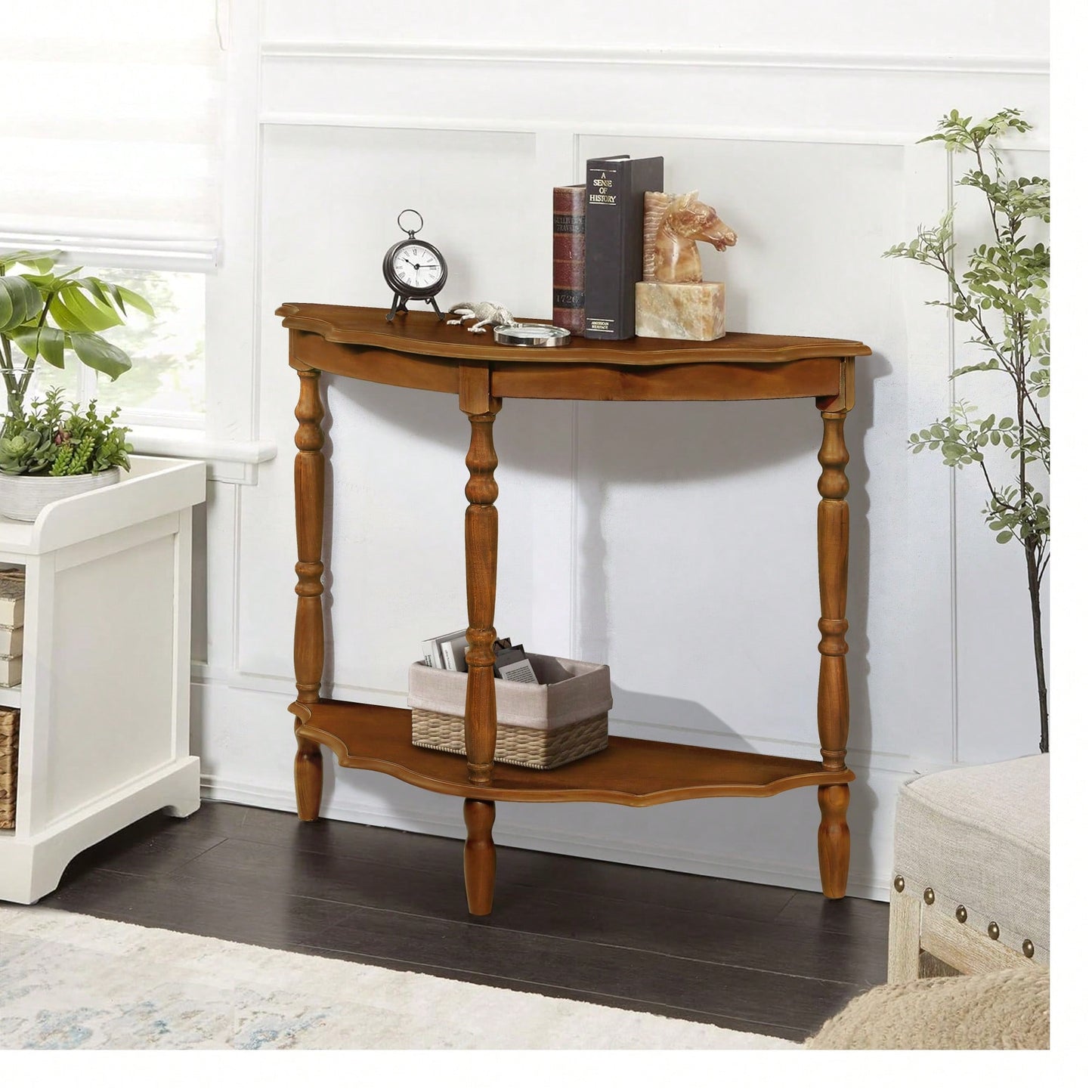42 Inch Retro Half-Moon Console Table With Cloud Design Top And Open Shelf Solid Wood Frame And Legs In Brown