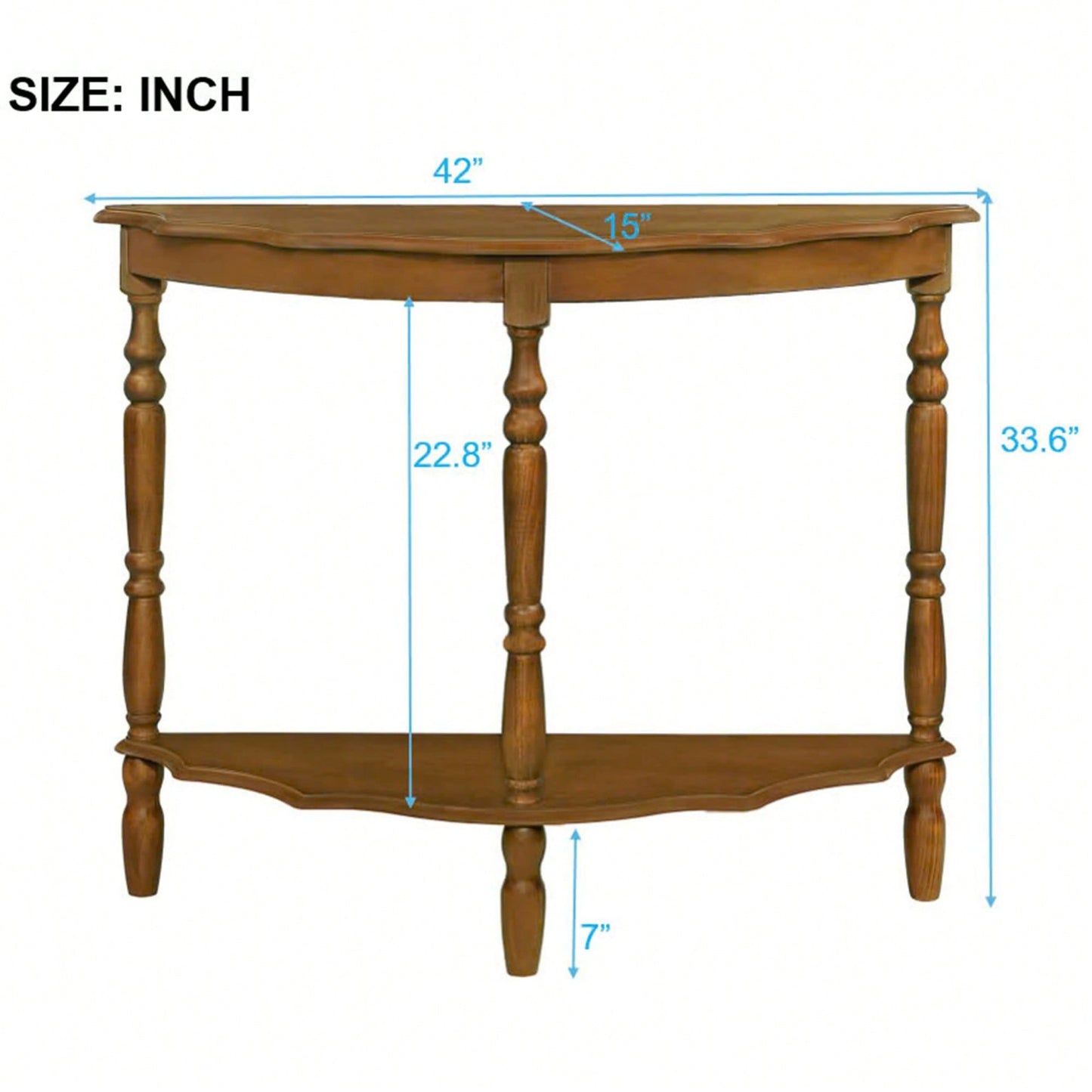 42 Inch Retro Half-Moon Console Table With Cloud Design Top And Open Shelf Solid Wood Frame And Legs In Brown