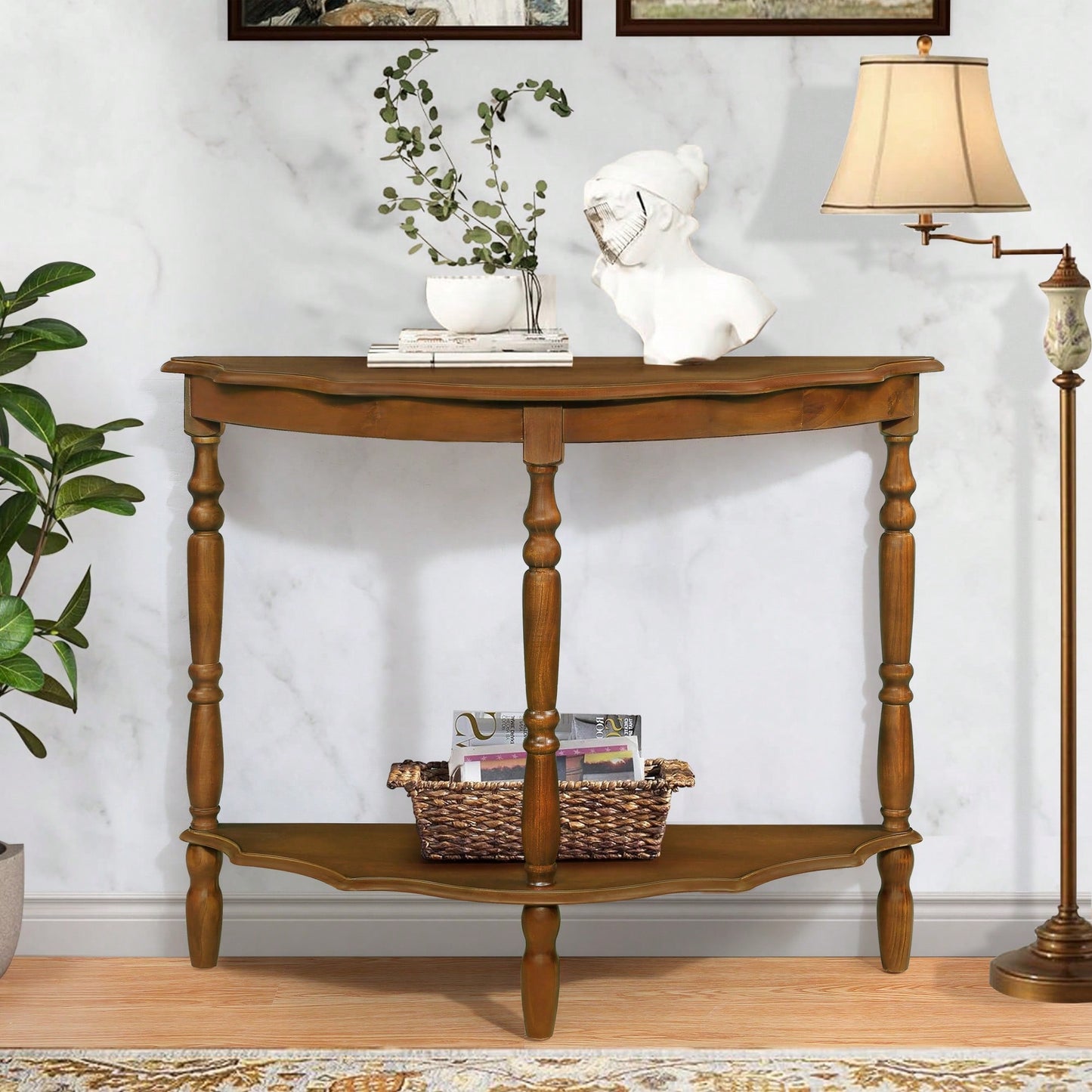 42 Inch Retro Half-Moon Console Table With Cloud Design Top And Open Shelf Solid Wood Frame And Legs In Brown