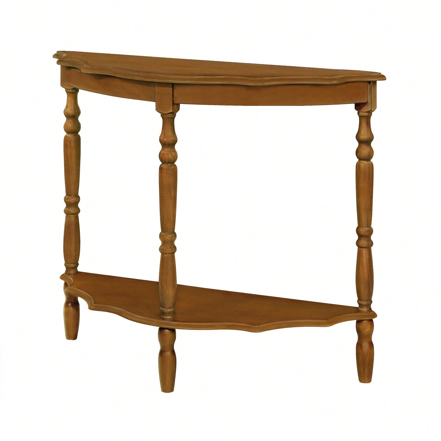 42 Inch Retro Half-Moon Console Table With Cloud Design Top And Open Shelf Solid Wood Frame And Legs In Brown
