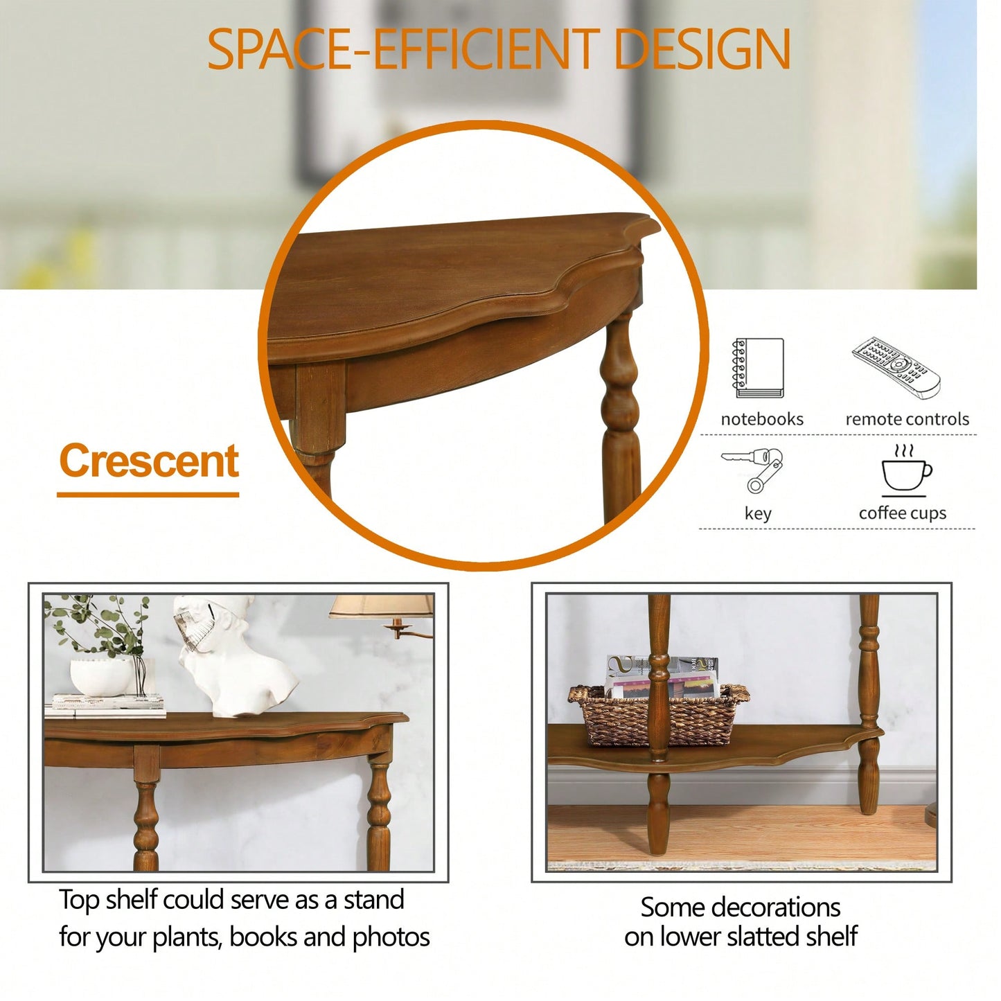 42 Inch Retro Half-Moon Console Table With Cloud Design Top And Open Shelf Solid Wood Frame And Legs In Brown