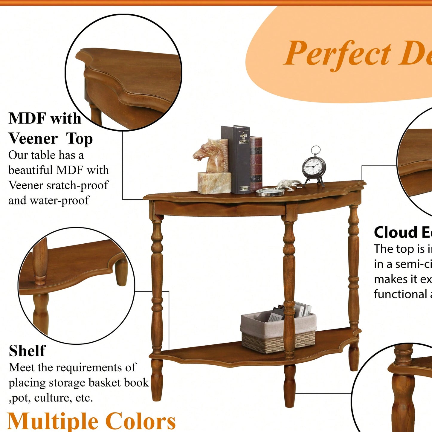 42 Inch Retro Half-Moon Console Table With Cloud Design Top And Open Shelf Solid Wood Frame And Legs In Brown