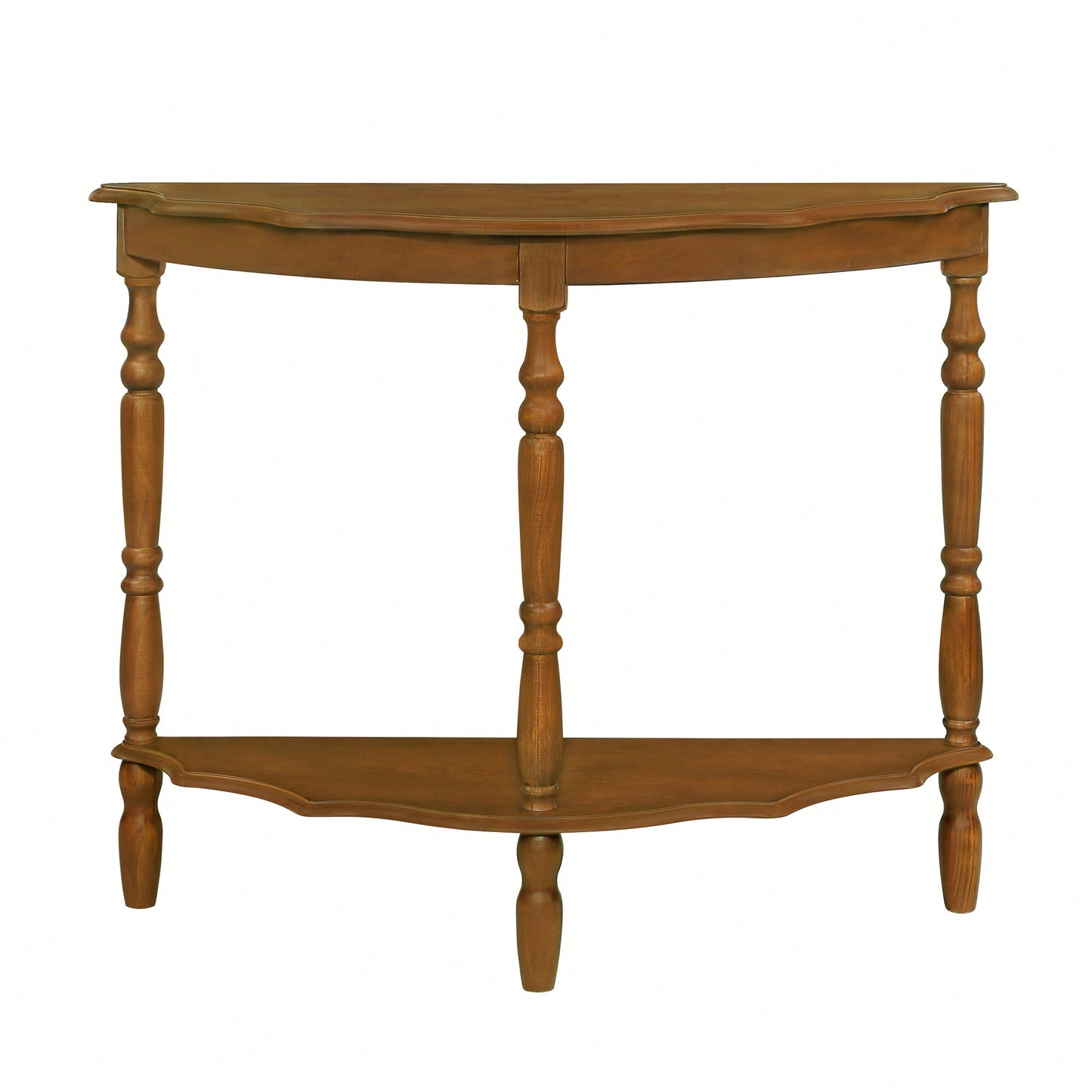 42 Inch Retro Half-Moon Console Table With Cloud Design Top And Open Shelf Solid Wood Frame And Legs In Brown