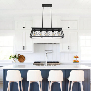 5-Light Rustic Farmhouse Pendant Chandelier Modern Metal Rectangular Island Light Fixture for Dining Room Kitchen Living Room Pure Black