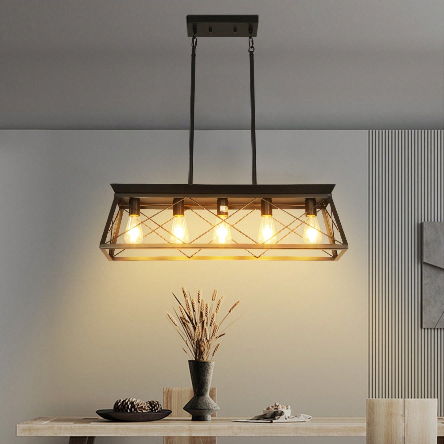 5-Light Rustic Farmhouse Pendant Chandelier Modern Metal Rectangular Island Light Fixture for Dining Room Kitchen Living Room Pure Black