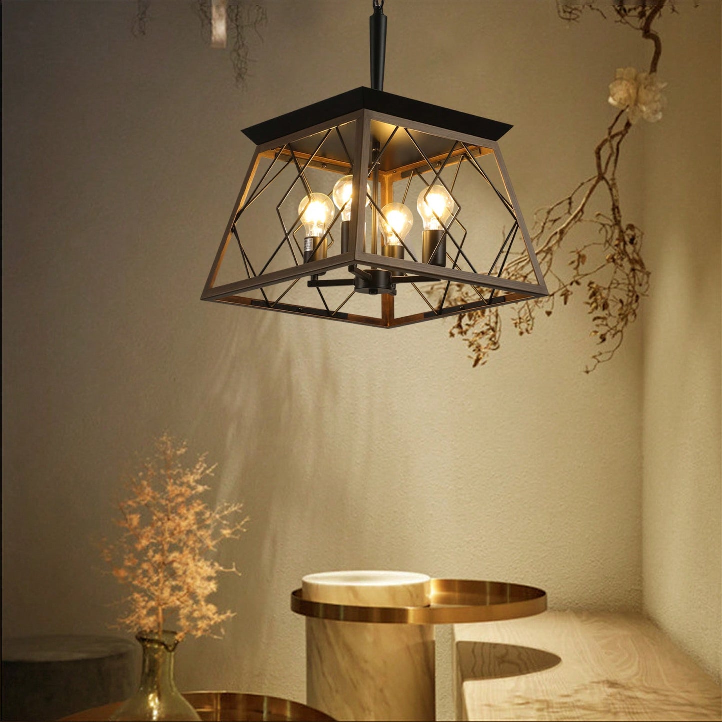 Vintage 4-Light Farmhouse Chandelier Antique Style Light Fixture For Kitchen Dining Room Living Room Walnut Finish