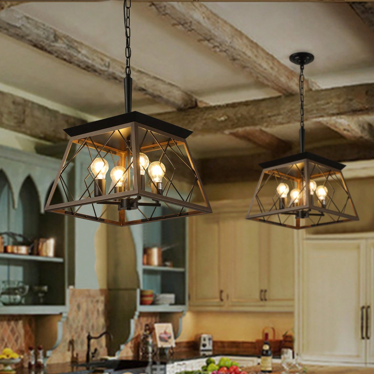 Vintage 4-Light Farmhouse Chandelier Antique Style Light Fixture For Kitchen Dining Room Living Room Walnut Finish