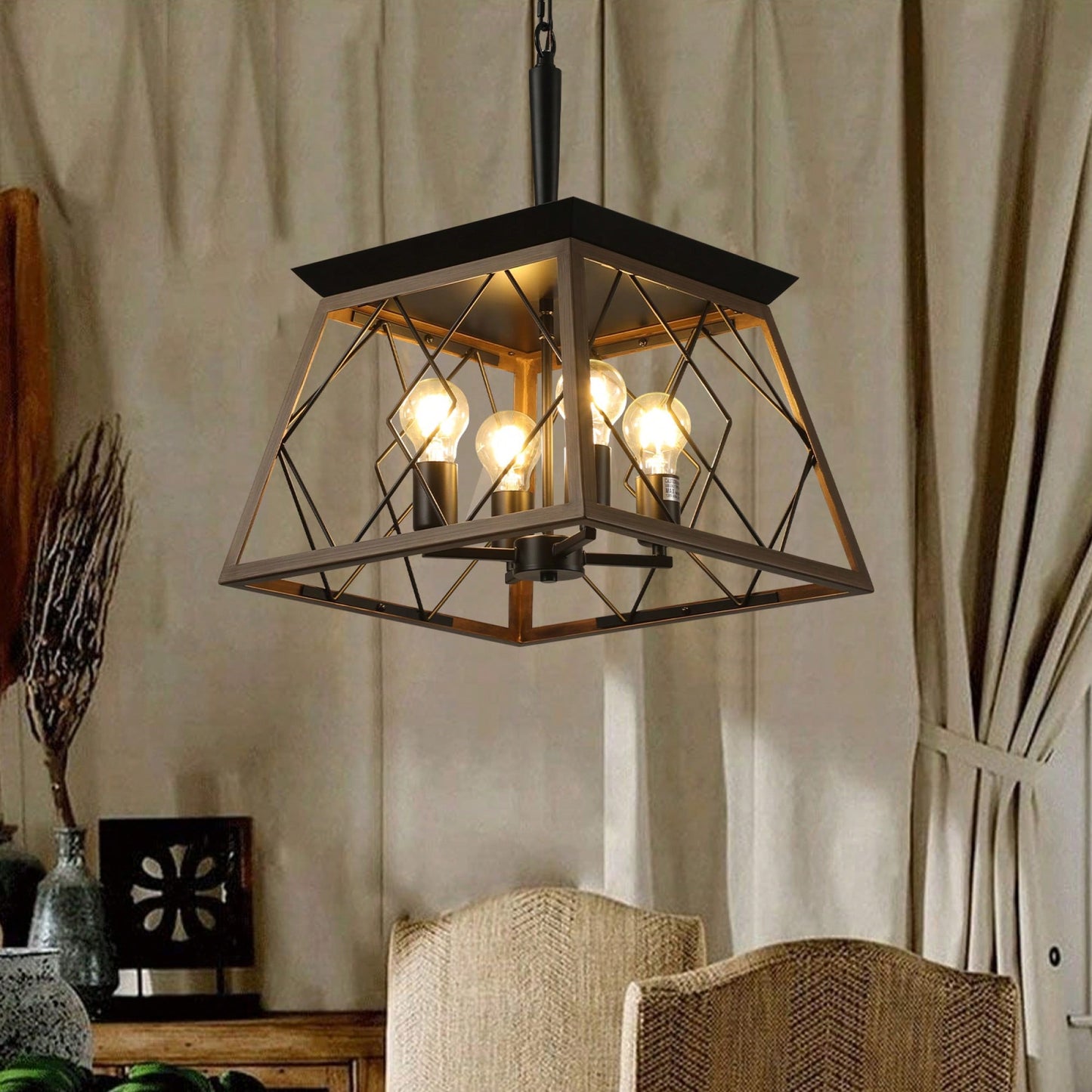 Vintage 4-Light Farmhouse Chandelier Antique Style Light Fixture For Kitchen Dining Room Living Room Walnut Finish