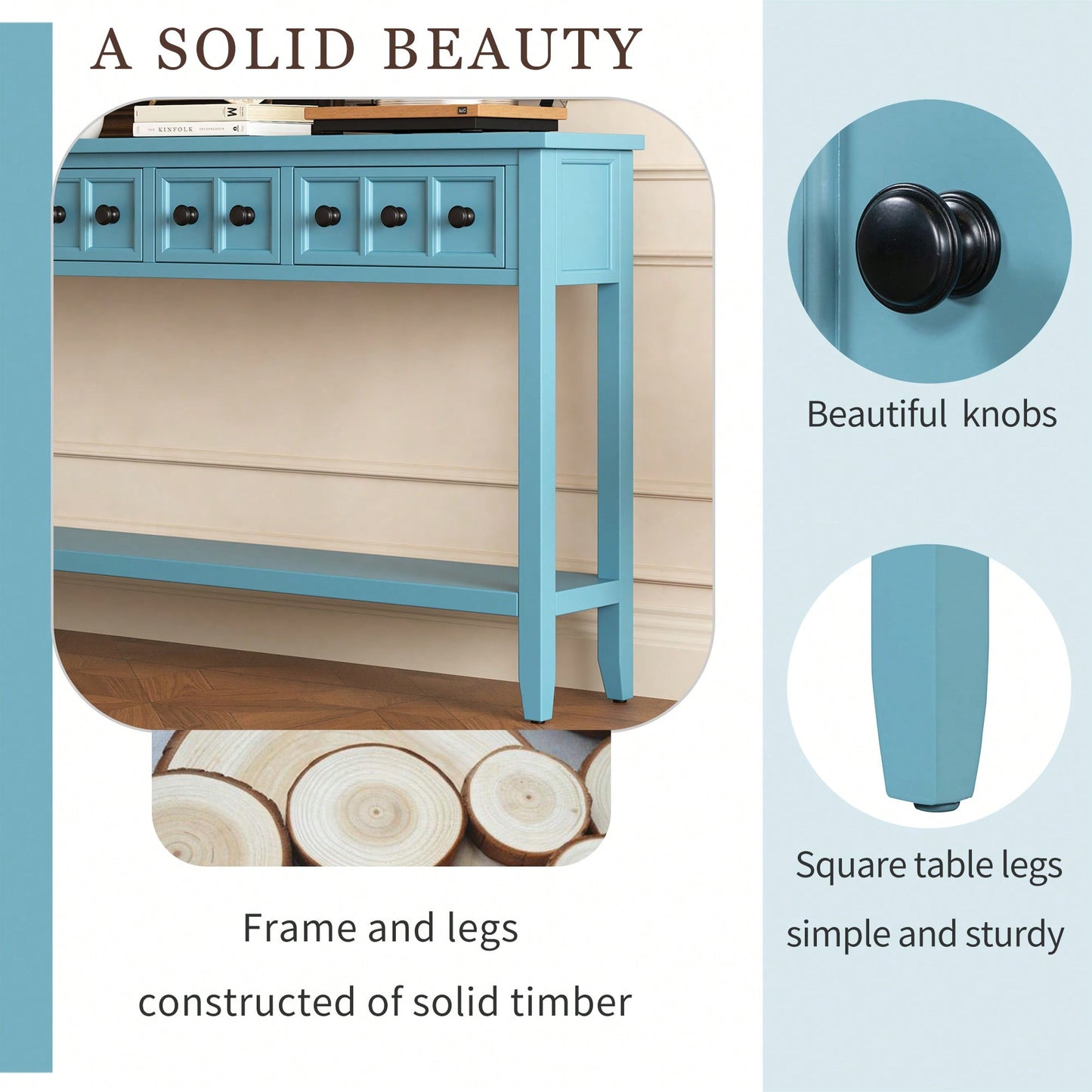 Rustic 60 Inch Entryway Console Table With Two Drawer Sizes And Bottom Storage Shelf In Turquoise Green