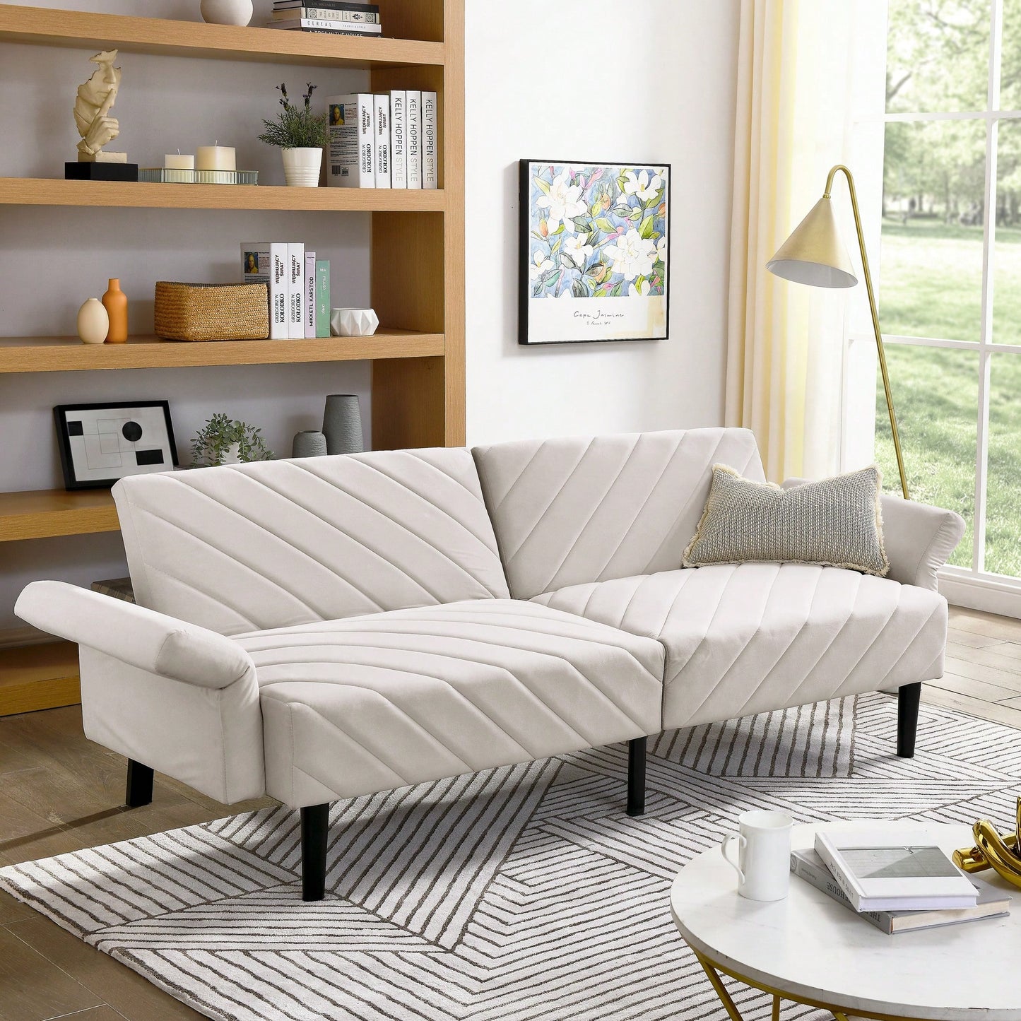 Tufted Convertible Futon Couch With Adjustable Armrests For Small Spaces And Apartments