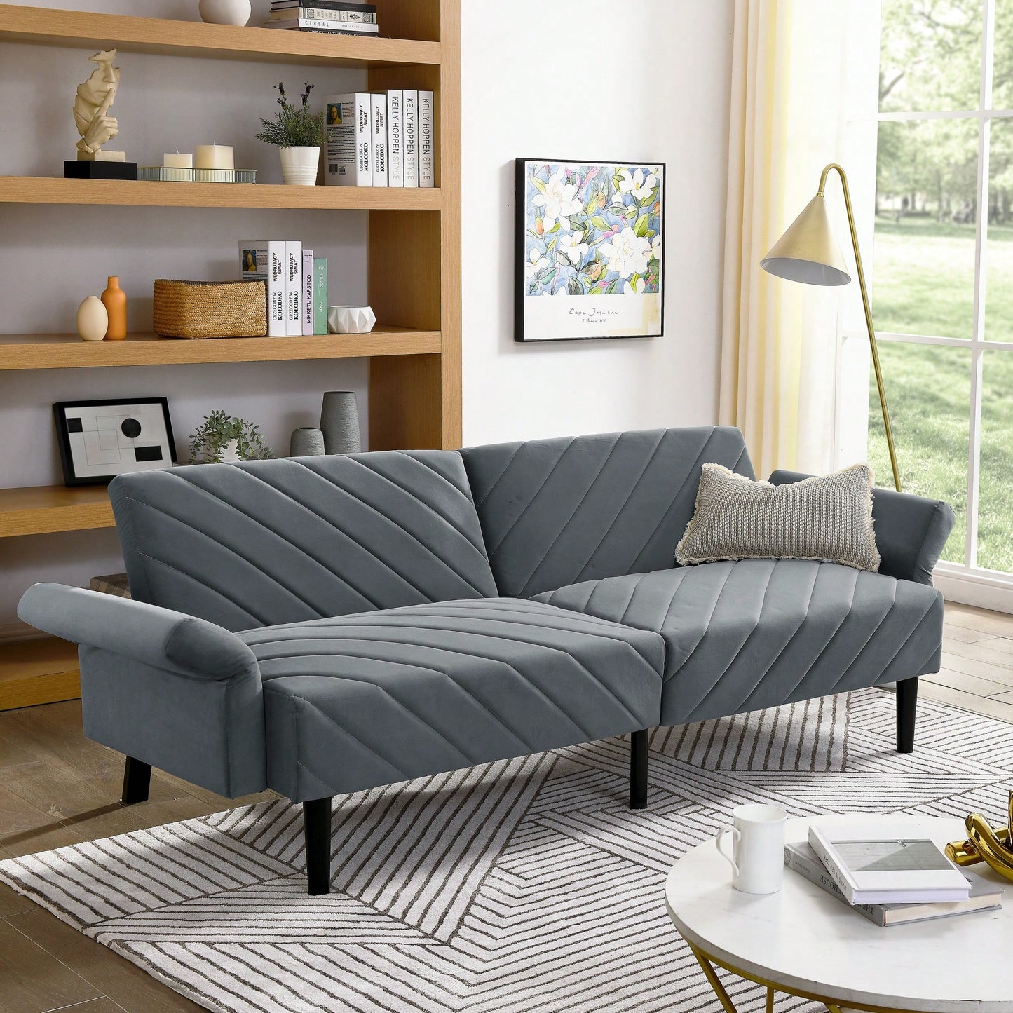 Tufted Convertible Futon Couch With Adjustable Armrests For Small Spaces And Apartments