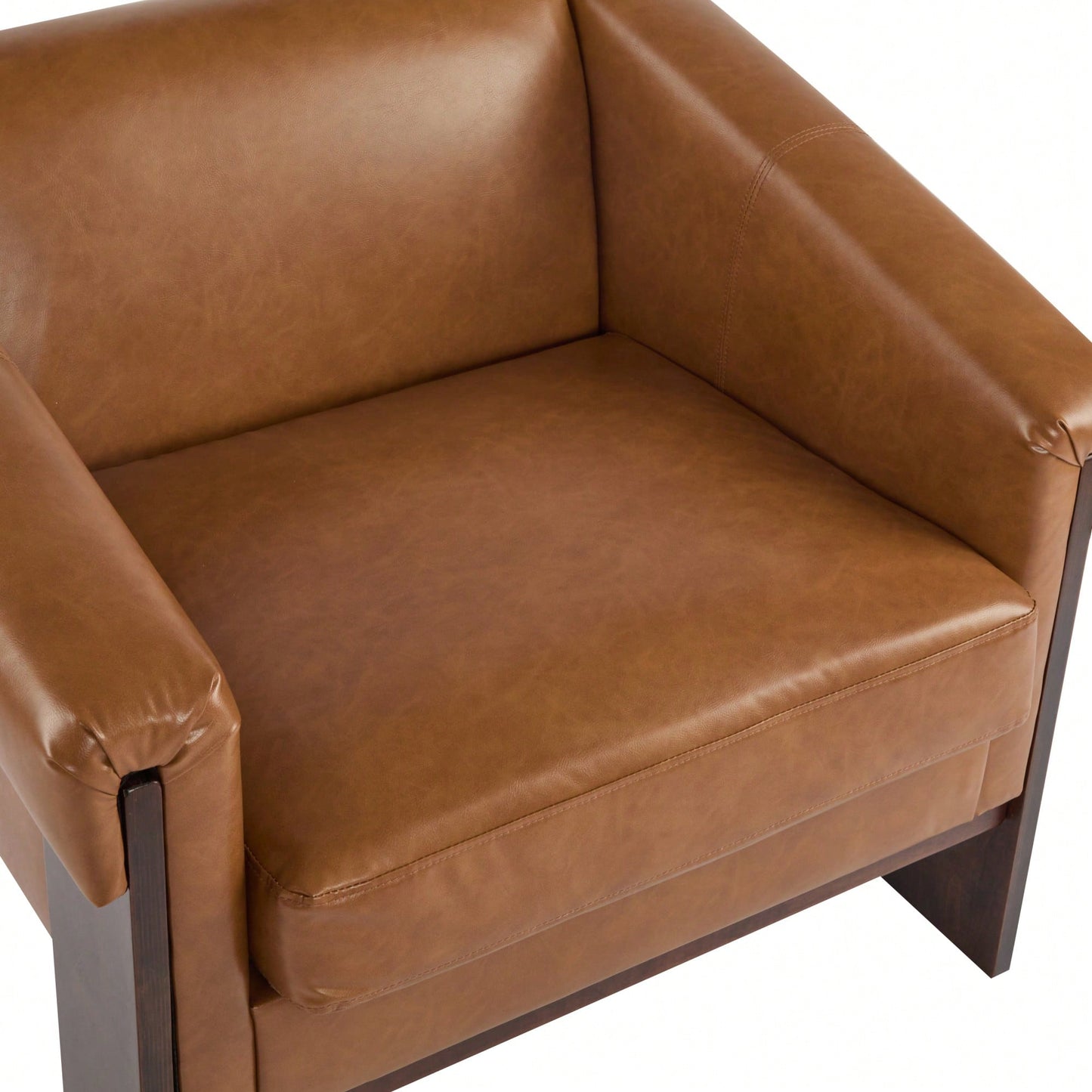 Mid-Century Modern Accent Chair In Brown Faux Leather With Deep Cushions And Wide Armrests For Living Room Bedroom Or Office Use