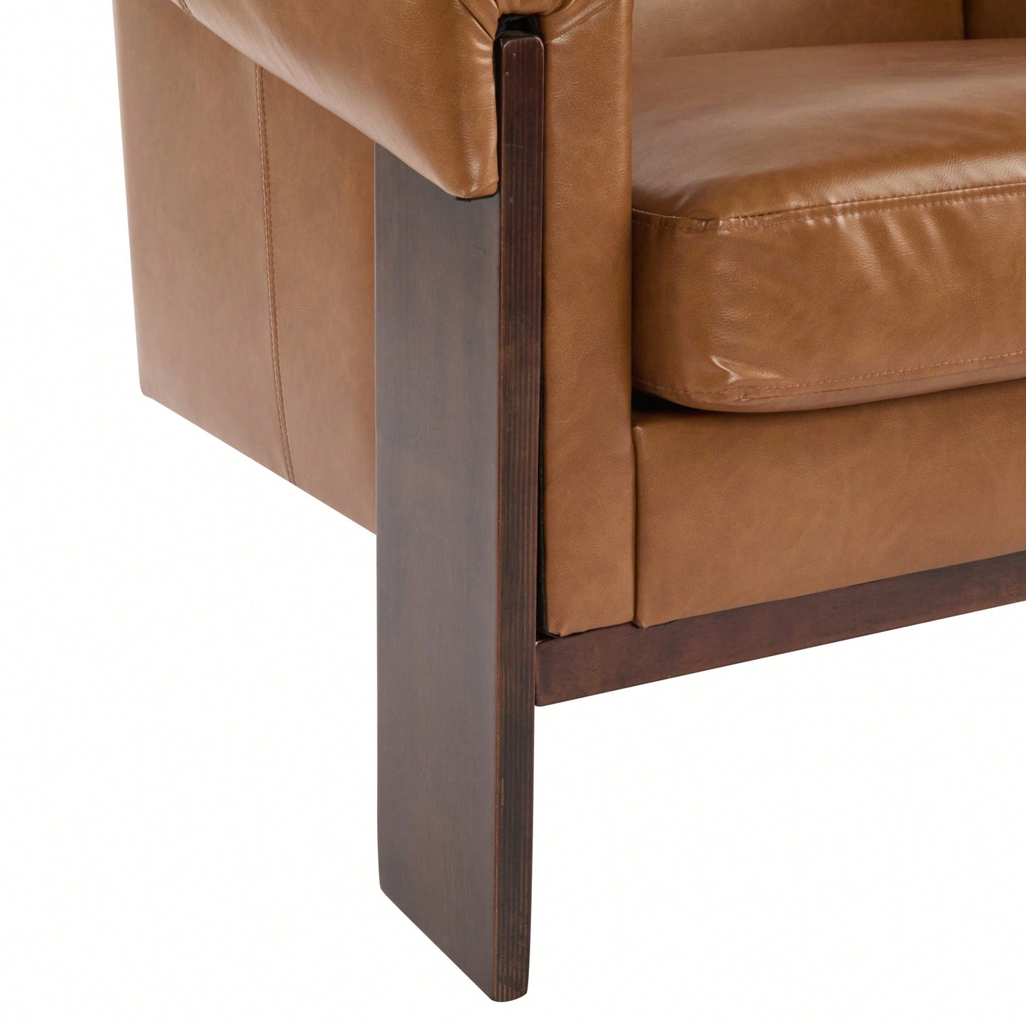 Mid-Century Modern Accent Chair In Brown Faux Leather With Deep Cushions And Wide Armrests For Living Room Bedroom Or Office Use