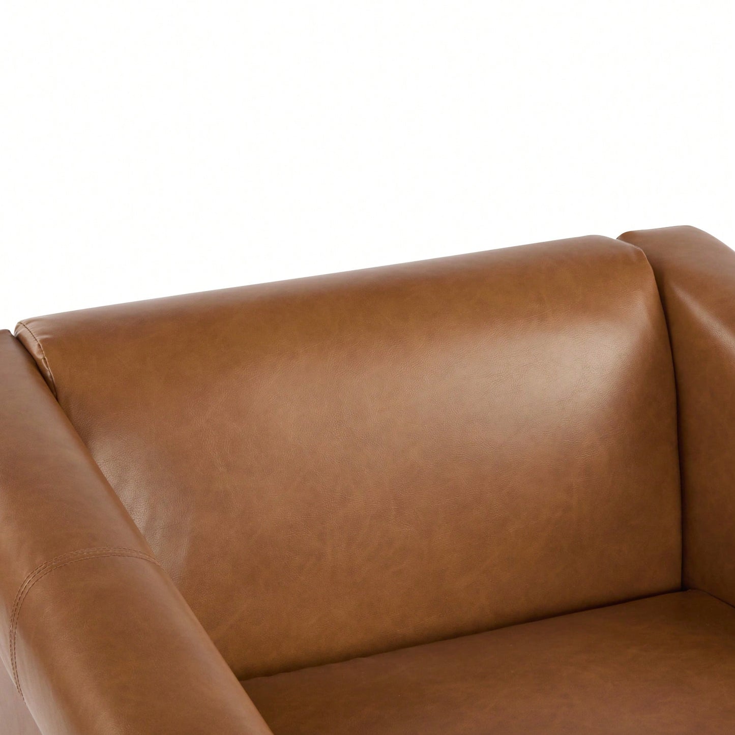 Mid-Century Modern Accent Chair In Brown Faux Leather With Deep Cushions And Wide Armrests For Living Room Bedroom Or Office Use