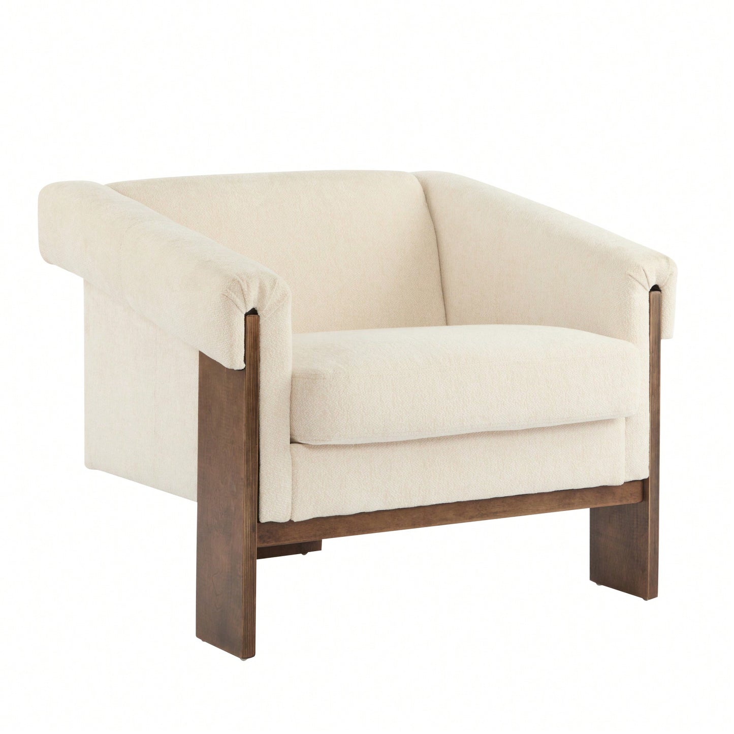 Mid-Century Modern Accent Chair In Brown Faux Leather With Deep Cushions And Wide Armrests For Living Room Bedroom Or Office Use