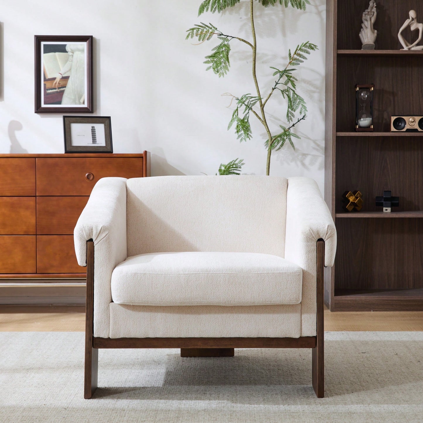 Mid-Century Modern Accent Chair In Brown Faux Leather With Deep Cushions And Wide Armrests For Living Room Bedroom Or Office Use