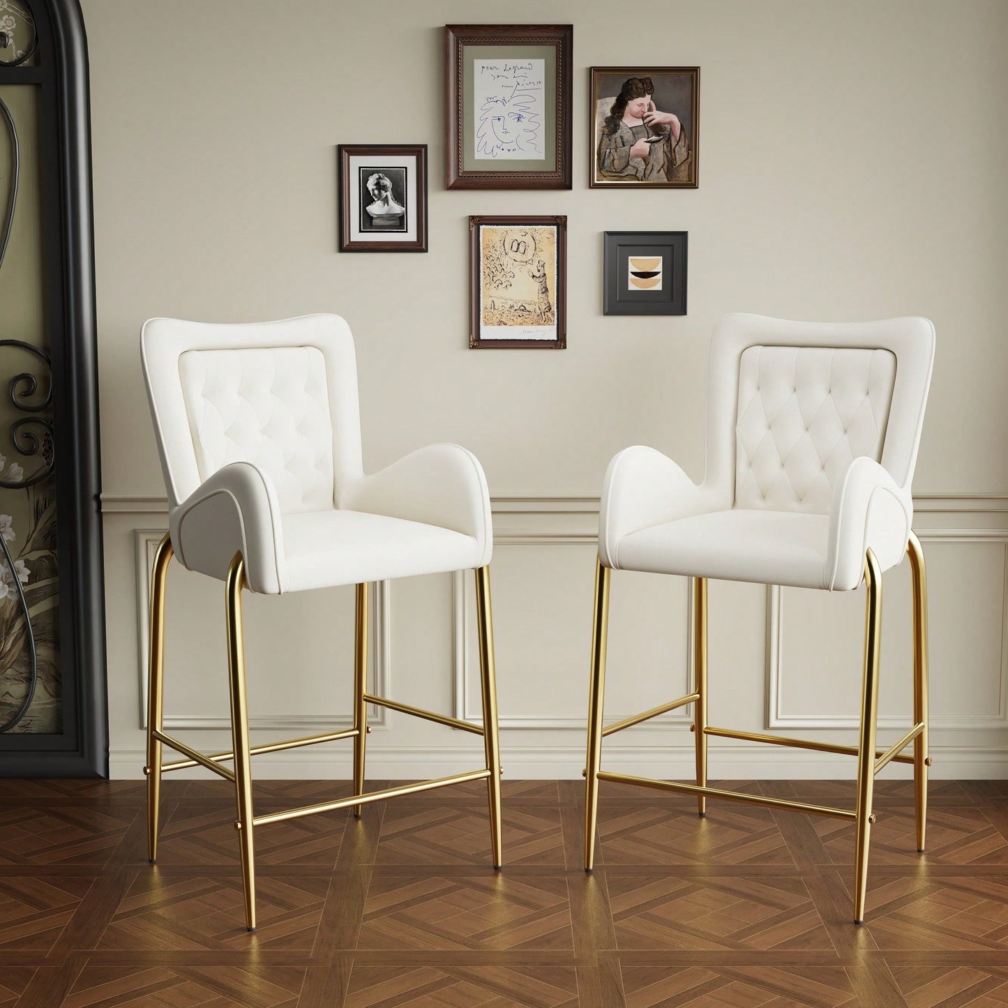 Counter Height Velvet Bar Stools Set Of 2 With Golden Legs And Footrests, Stylish White Arm Chairs For Kitchen Or Dining Room