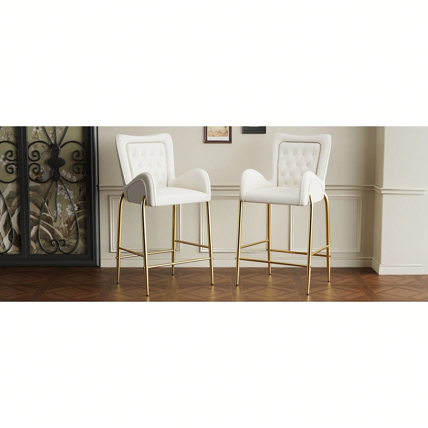 Counter Height Velvet Bar Stools Set Of 2 With Golden Legs And Footrests, Stylish White Arm Chairs For Kitchen Or Dining Room