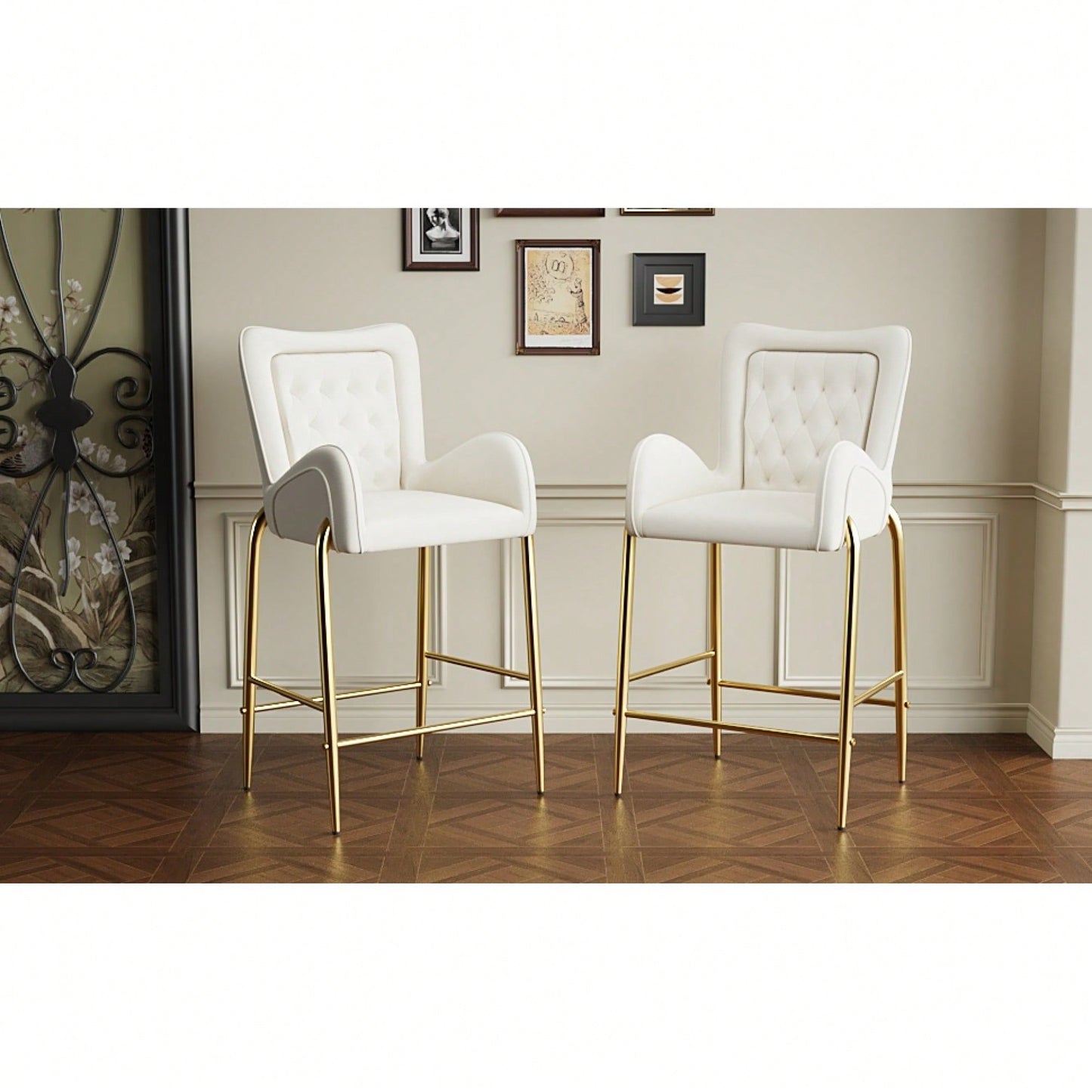 Counter Height Velvet Bar Stools Set Of 2 With Golden Legs And Footrests, Stylish White Arm Chairs For Kitchen Or Dining Room
