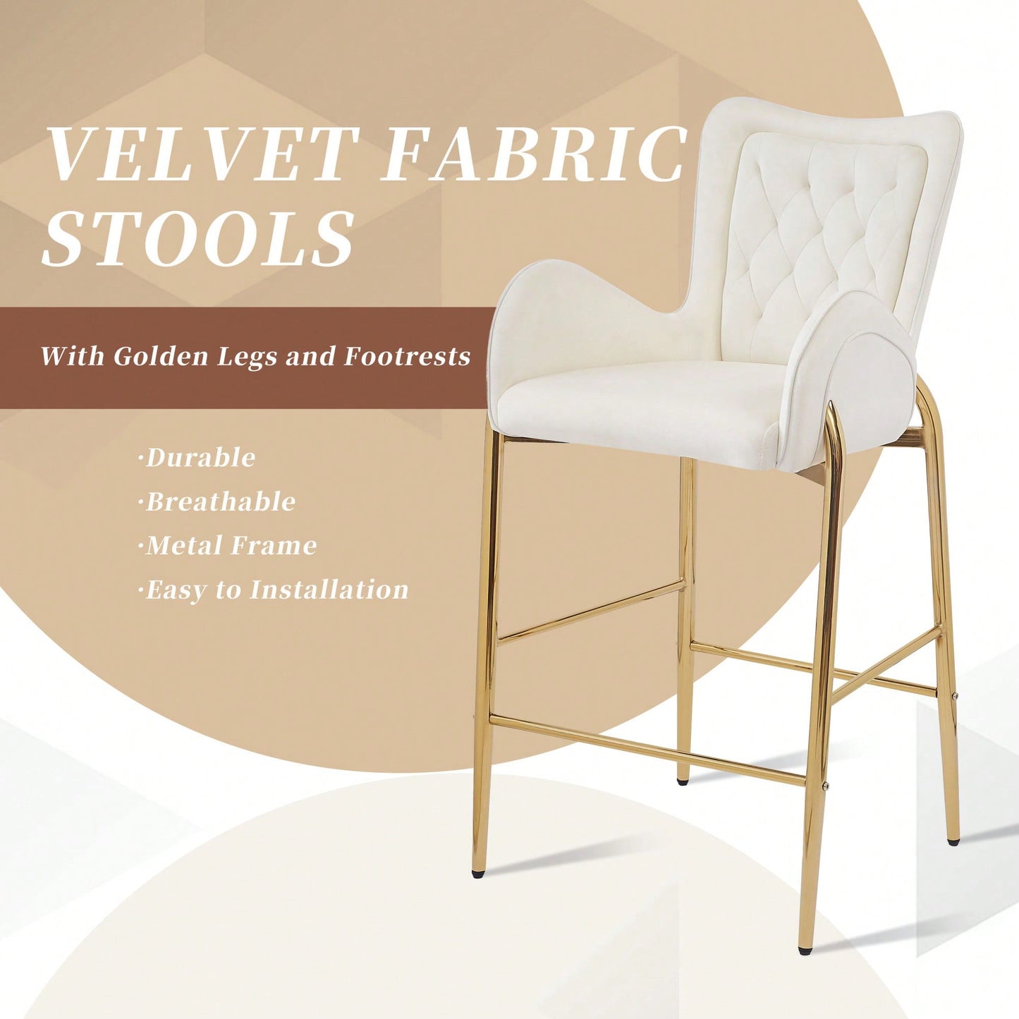 Counter Height Velvet Bar Stools Set Of 2 With Golden Legs And Footrests, Stylish White Arm Chairs For Kitchen Or Dining Room