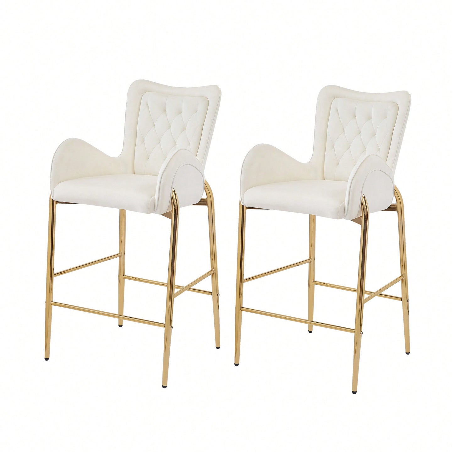 Counter Height Velvet Bar Stools Set Of 2 With Golden Legs And Footrests, Stylish White Arm Chairs For Kitchen Or Dining Room