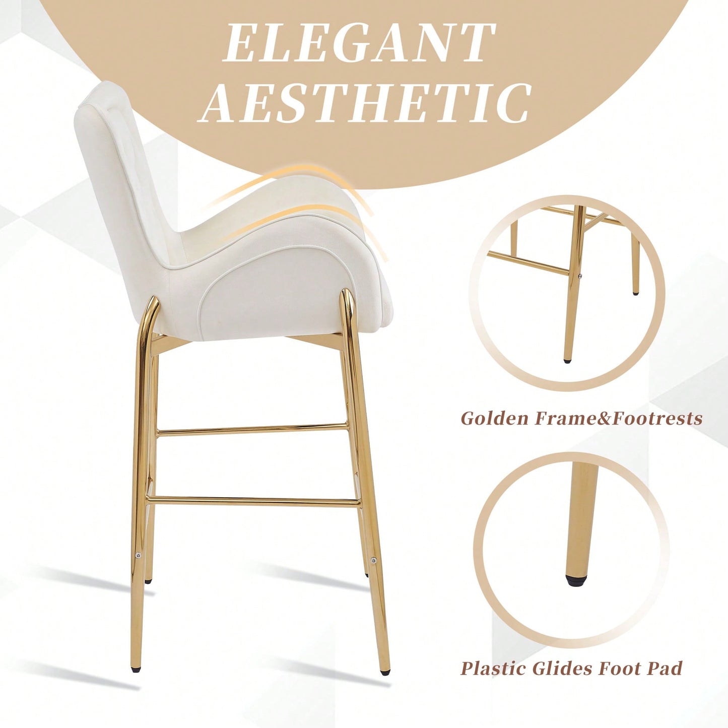 Counter Height Velvet Bar Stools Set Of 2 With Golden Legs And Footrests, Stylish White Arm Chairs For Kitchen Or Dining Room