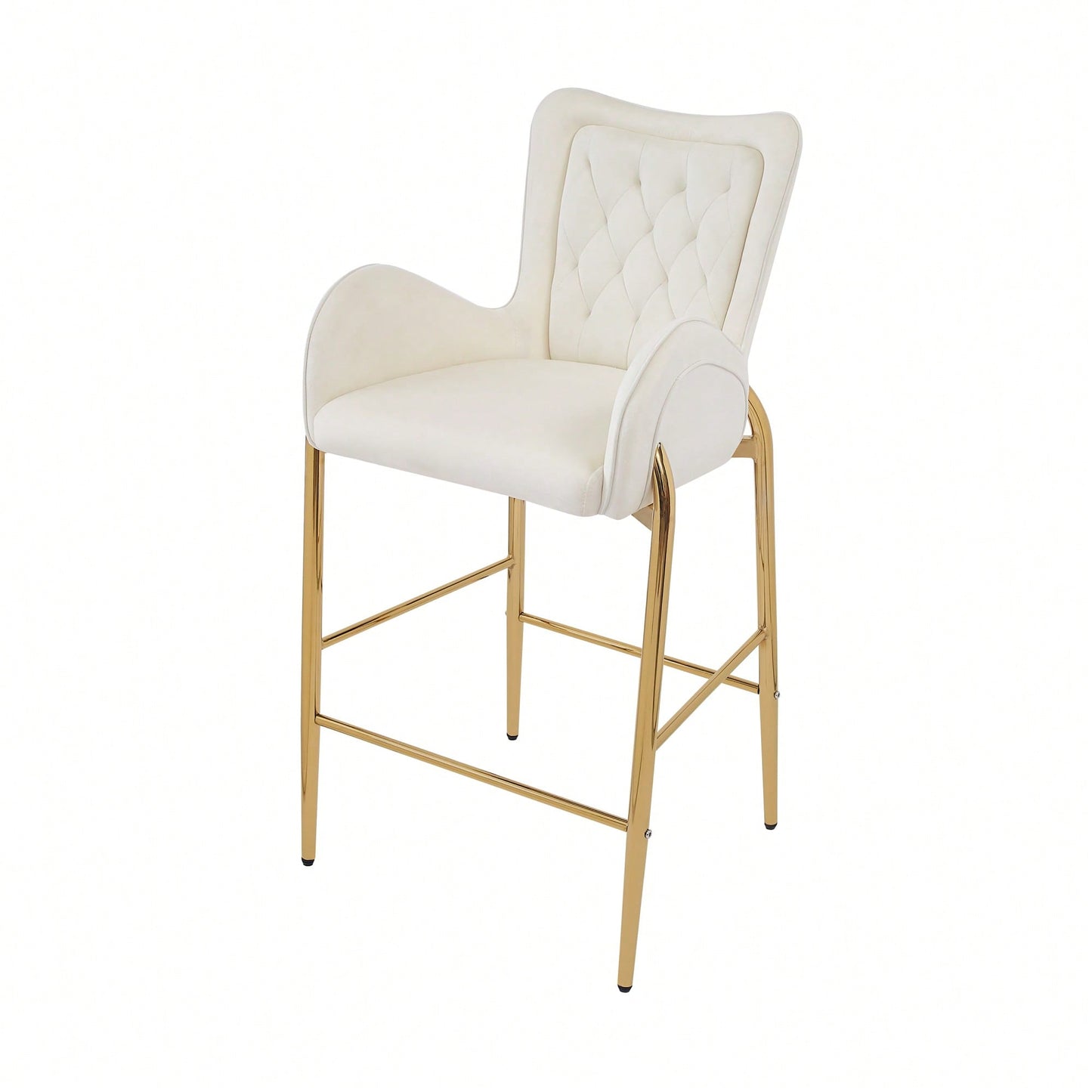 Counter Height Velvet Bar Stools Set Of 2 With Golden Legs And Footrests, Stylish White Arm Chairs For Kitchen Or Dining Room
