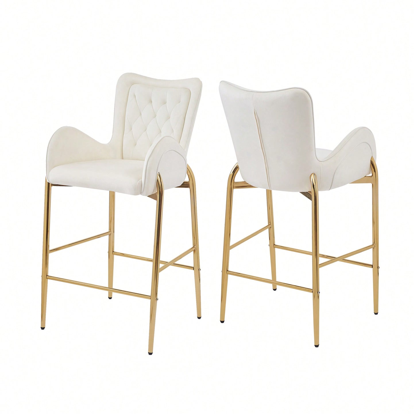Counter Height Velvet Bar Stools Set Of 2 With Golden Legs And Footrests, Stylish White Arm Chairs For Kitchen Or Dining Room