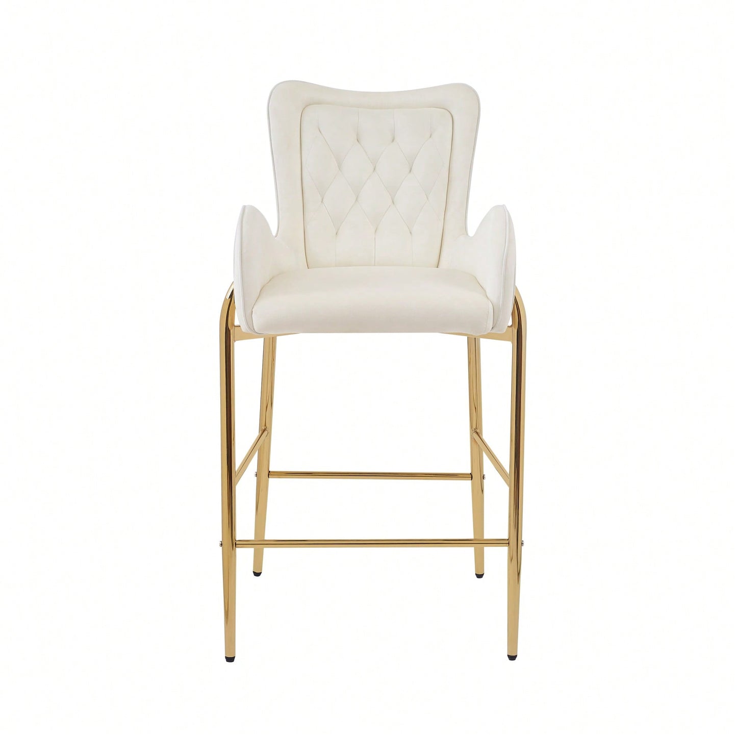 Counter Height Velvet Bar Stools Set Of 2 With Golden Legs And Footrests, Stylish White Arm Chairs For Kitchen Or Dining Room