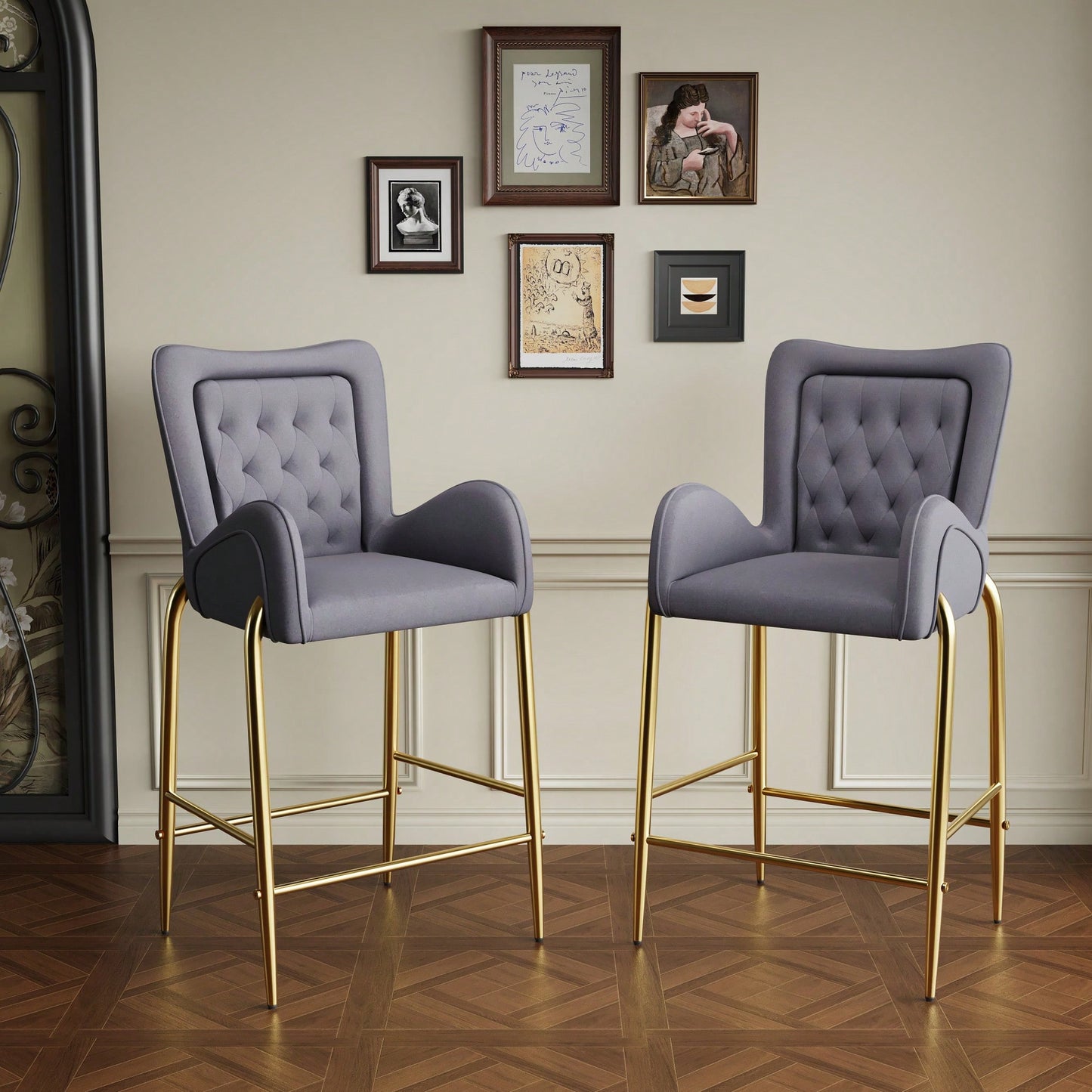Counter Height Velvet Bar Stools Set Of 2 With Golden Legs And Footrests, Stylish White Arm Chairs For Kitchen Or Dining Room