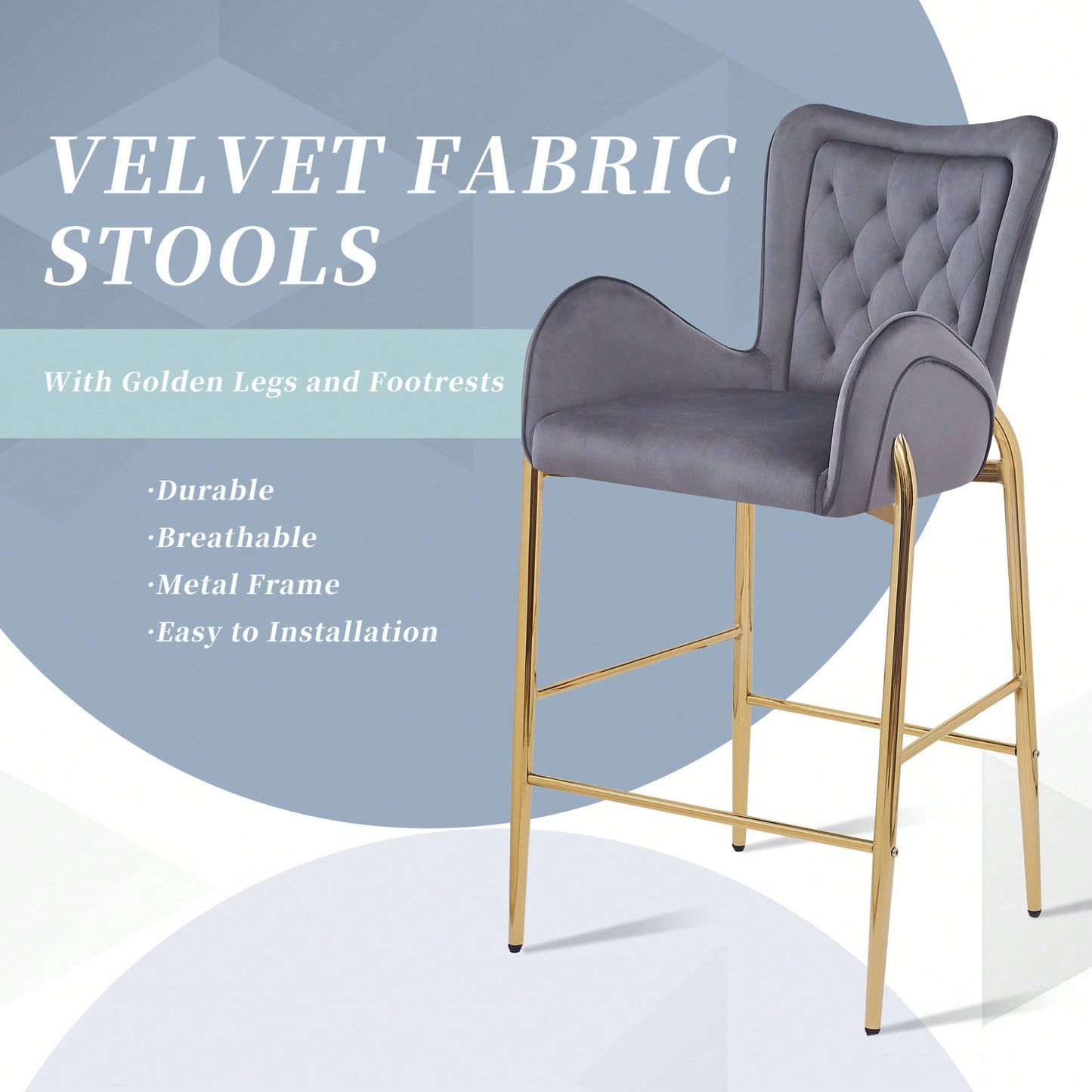Counter Height Velvet Bar Stools Set Of 2 With Golden Legs And Footrests, Stylish White Arm Chairs For Kitchen Or Dining Room