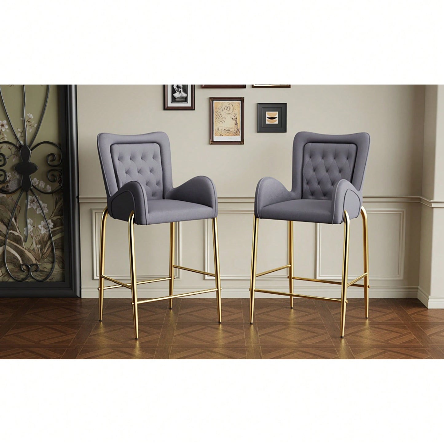 Counter Height Velvet Bar Stools Set Of 2 With Golden Legs And Footrests, Stylish White Arm Chairs For Kitchen Or Dining Room