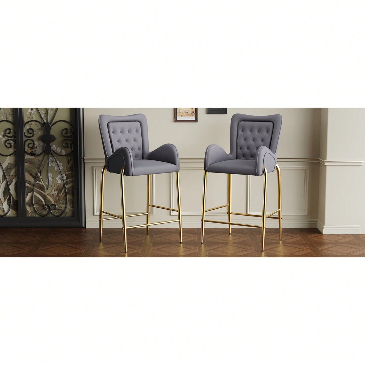 Counter Height Velvet Bar Stools Set Of 2 With Golden Legs And Footrests, Stylish White Arm Chairs For Kitchen Or Dining Room