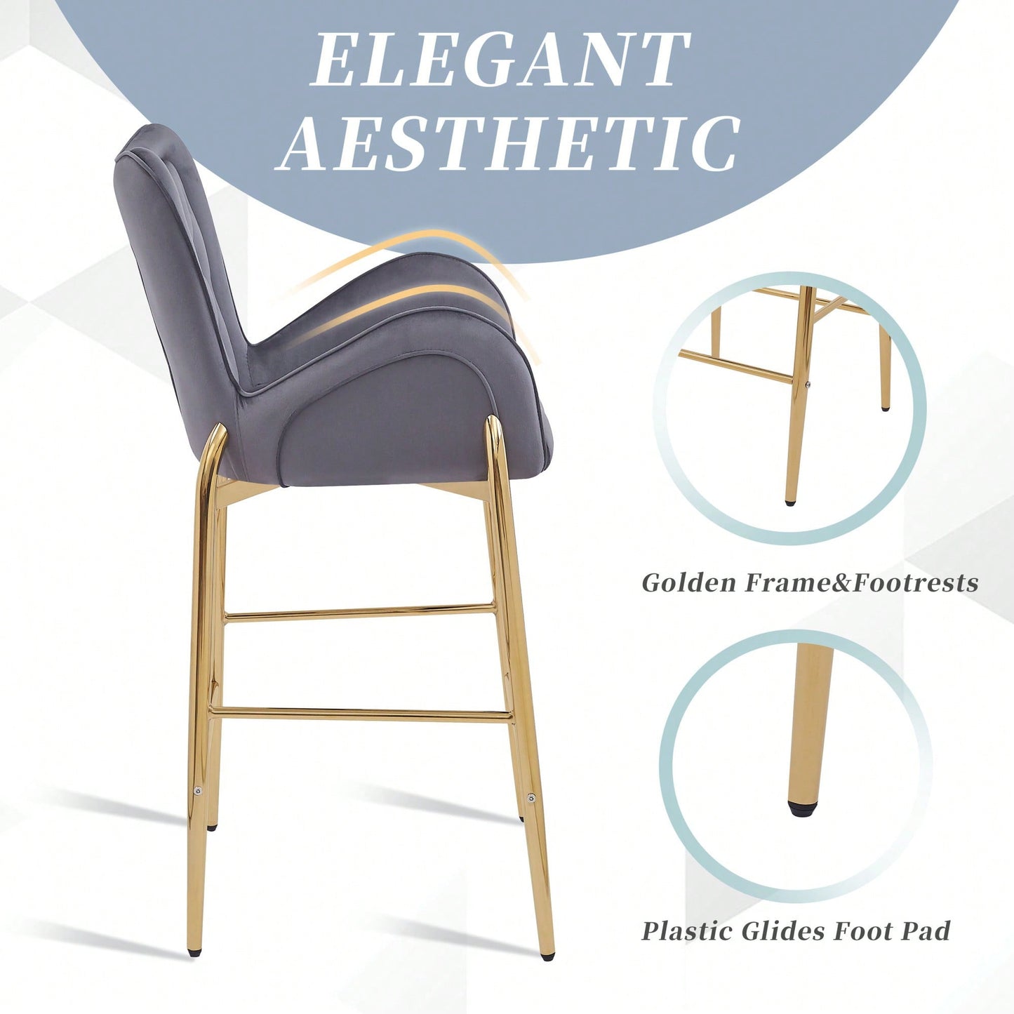 Counter Height Velvet Bar Stools Set Of 2 With Golden Legs And Footrests, Stylish White Arm Chairs For Kitchen Or Dining Room