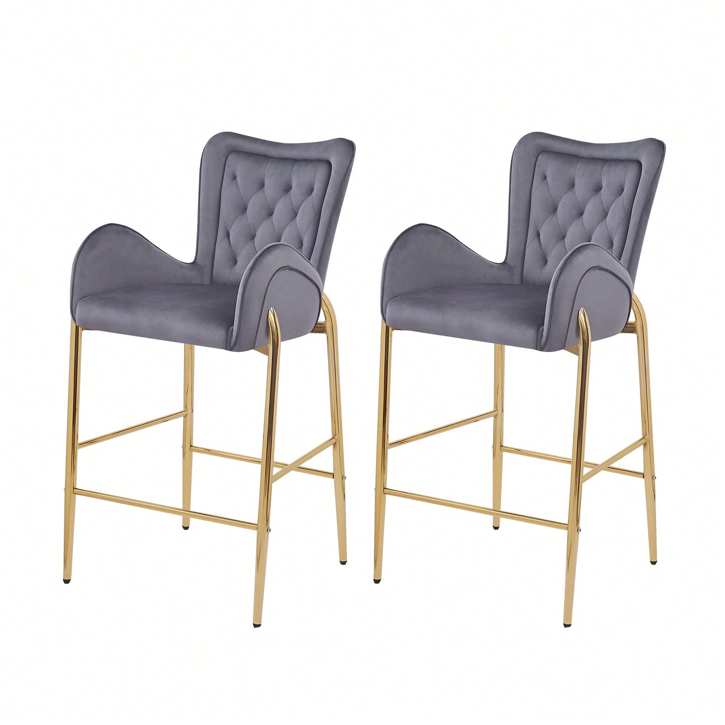 Counter Height Velvet Bar Stools Set Of 2 With Golden Legs And Footrests, Stylish White Arm Chairs For Kitchen Or Dining Room
