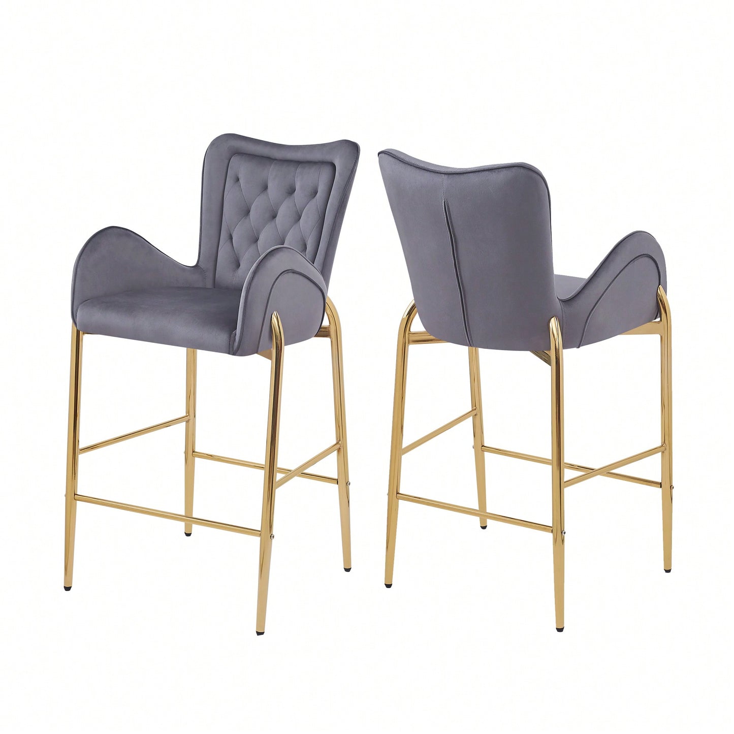 Counter Height Velvet Bar Stools Set Of 2 With Golden Legs And Footrests, Stylish White Arm Chairs For Kitchen Or Dining Room