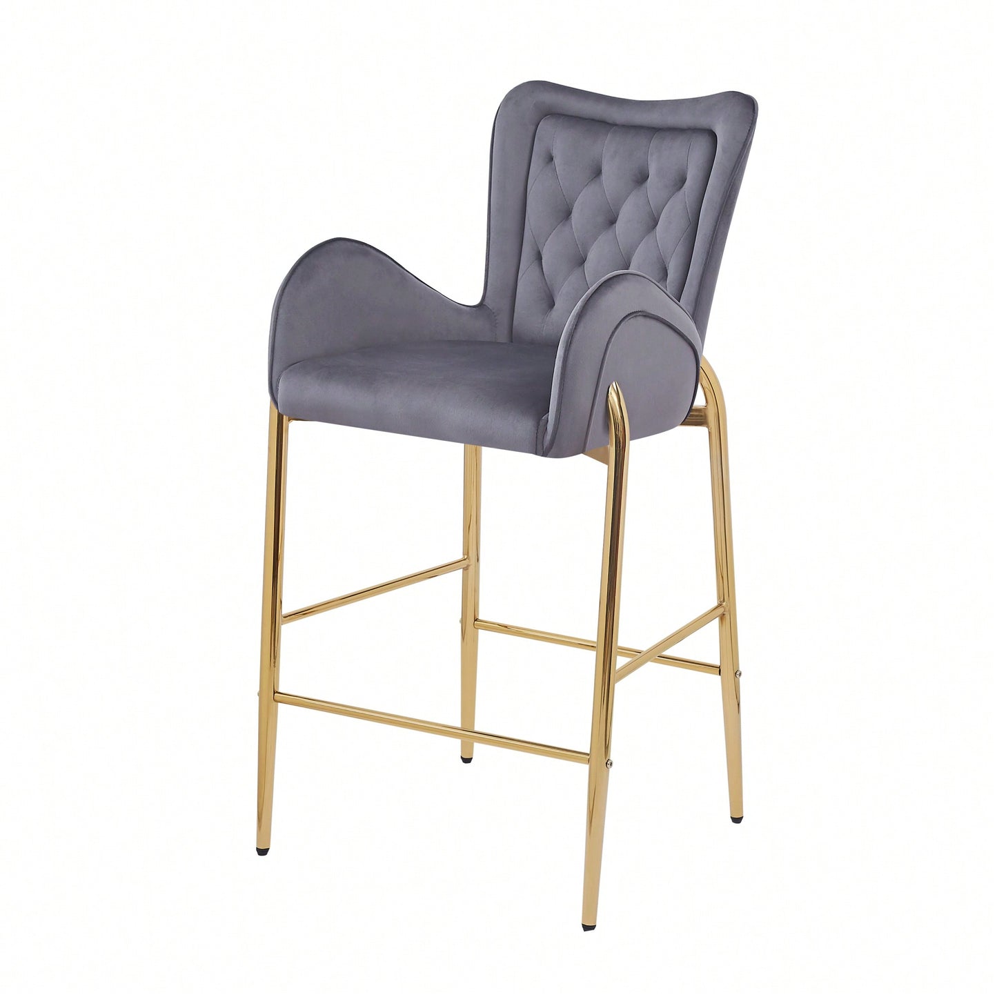 Counter Height Velvet Bar Stools Set Of 2 With Golden Legs And Footrests, Stylish White Arm Chairs For Kitchen Or Dining Room