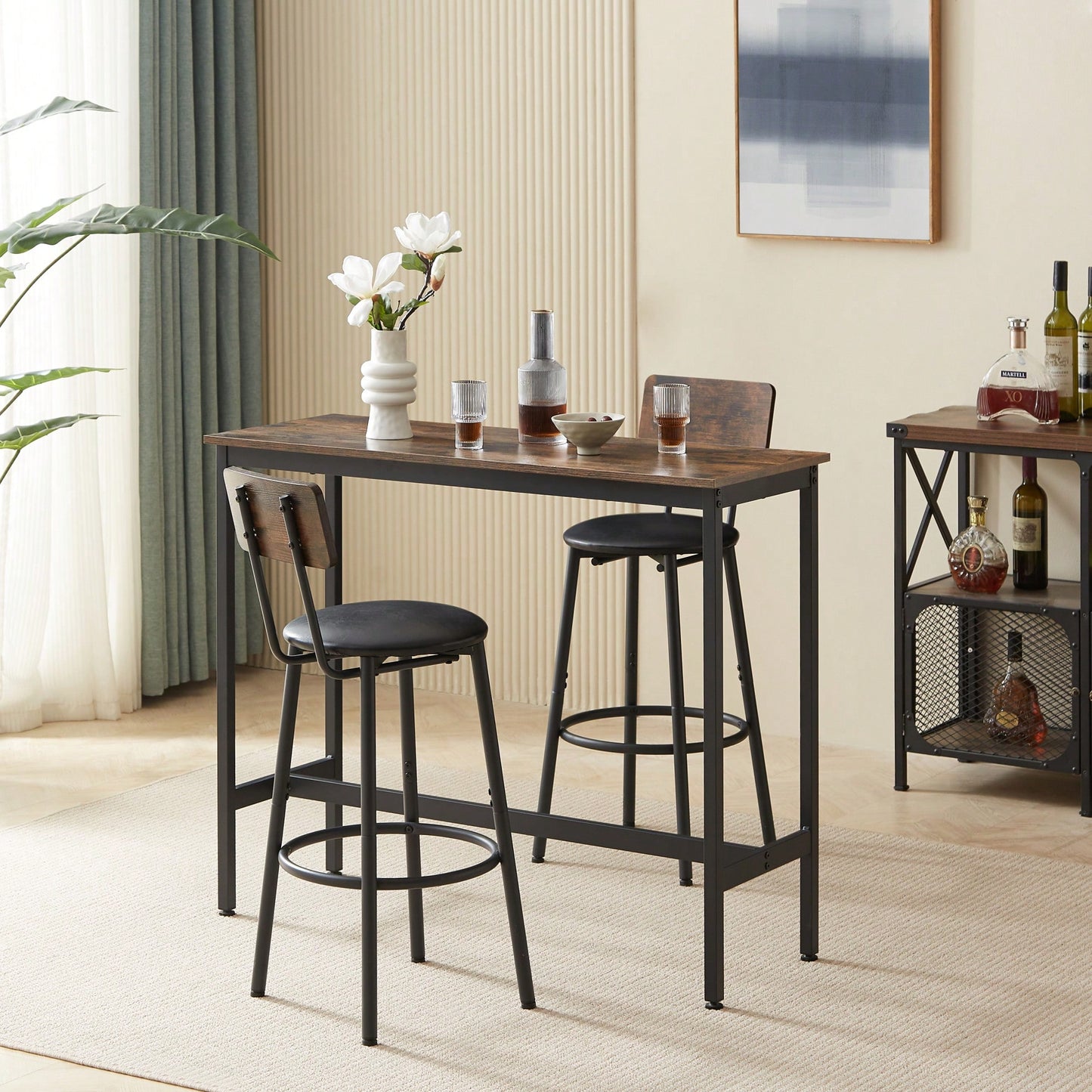 Bar Table Set With 2 PU Soft Seat Bar Stools And Backrest 43.31 Inch Long 15.75 Inch Wide 35.43 Inch High