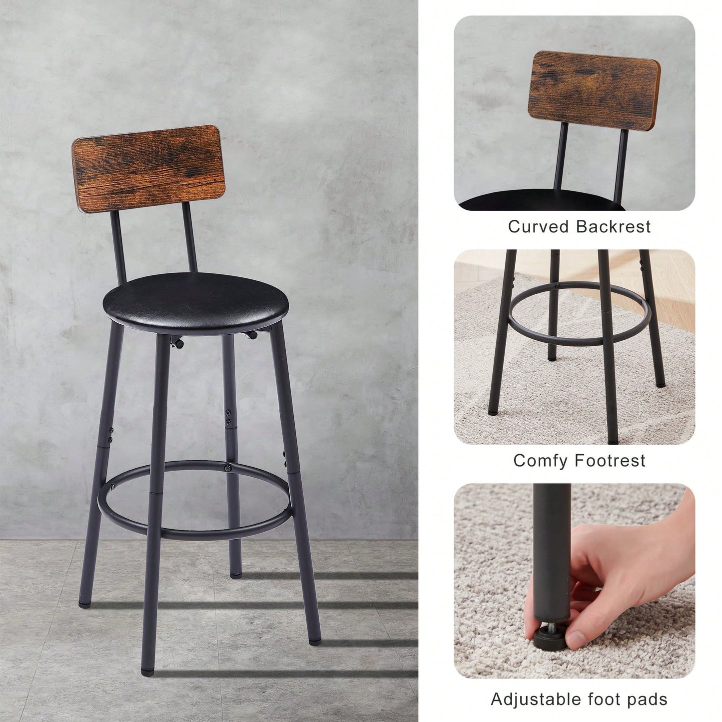Bar Table Set With 2 PU Soft Seat Bar Stools And Backrest 43.31 Inch Long 15.75 Inch Wide 35.43 Inch High