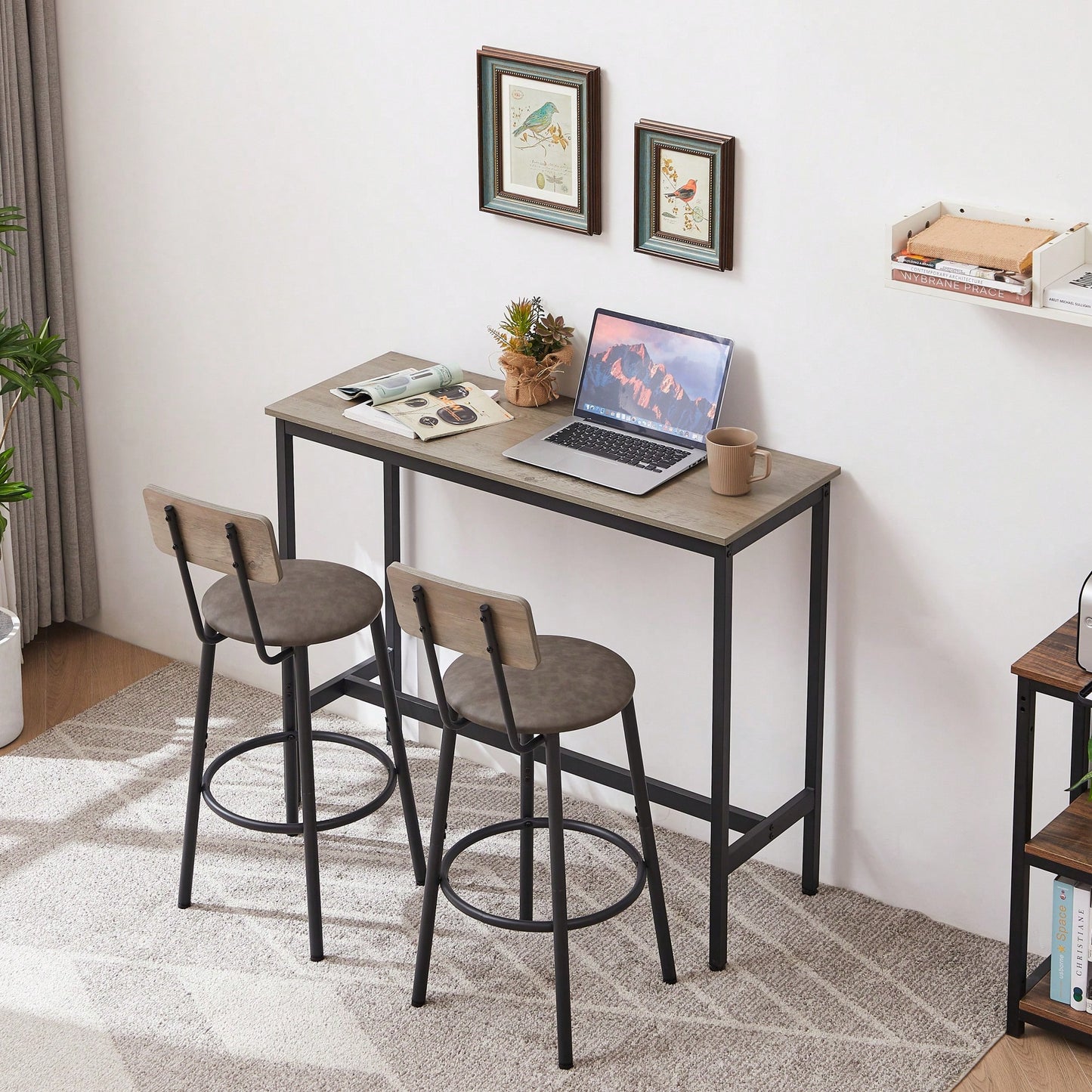 Bar Table Set With 2 PU Soft Seat Bar Stools And Backrest 43.31 Inch Long 15.75 Inch Wide 35.43 Inch High