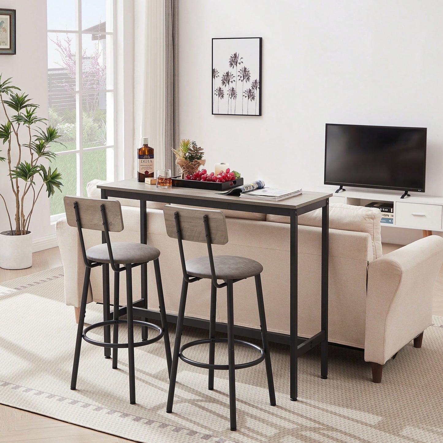 Bar Table Set With 2 PU Soft Seat Bar Stools And Backrest 43.31 Inch Long 15.75 Inch Wide 35.43 Inch High