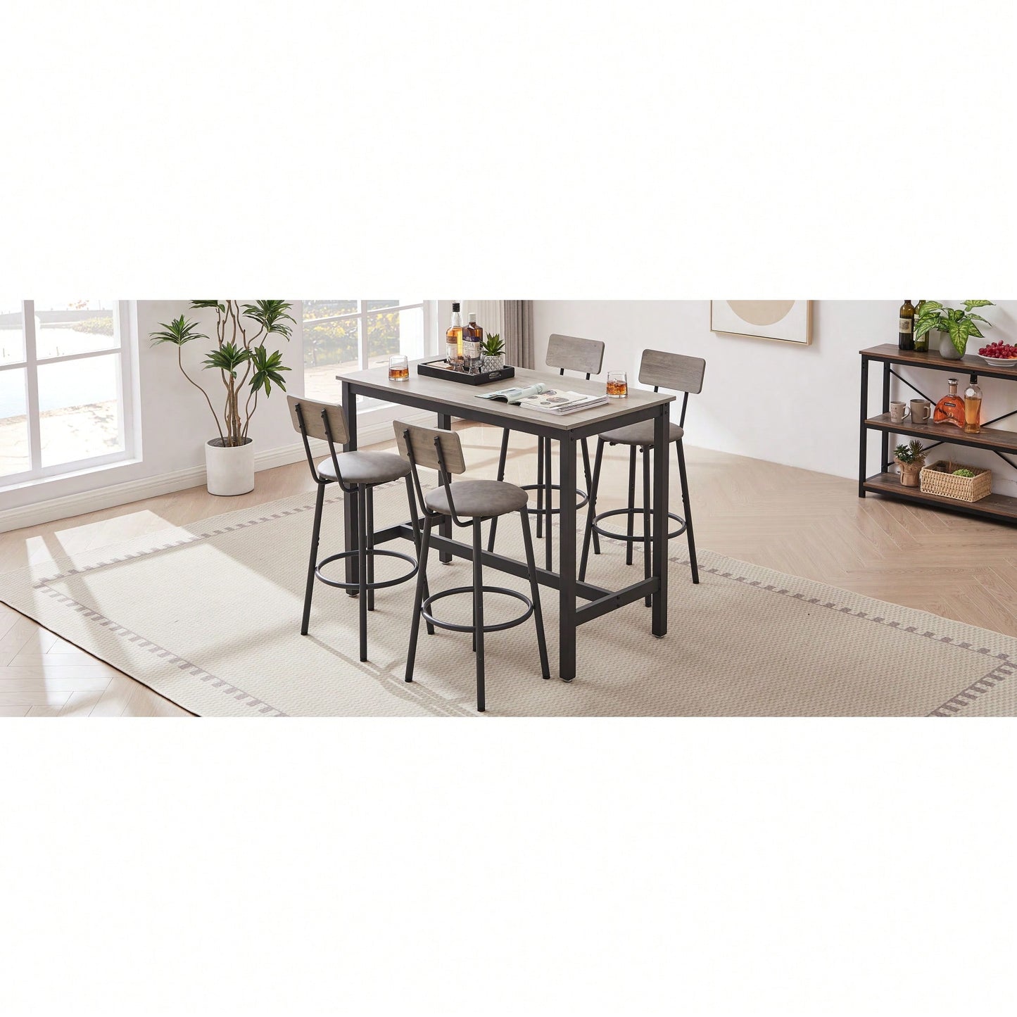 Bar Table Set with 4 Bar stools PU Soft seat with backrest, Grey, 47.24'' L x 23.62'' W x 35.43'' H