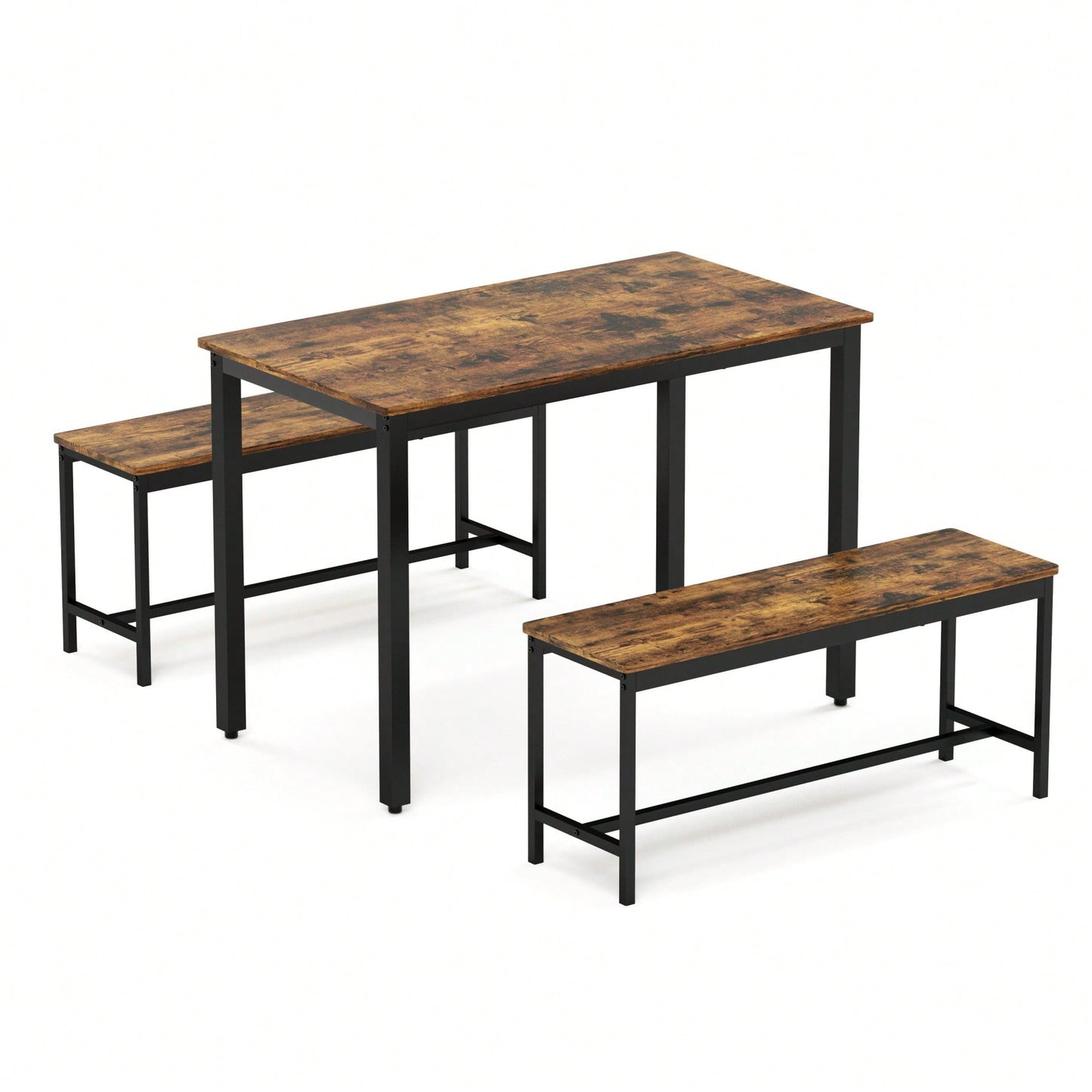 Industrial Rustic Dining Table Set With 2 Benches And Chairs For Kitchen Breakfast Living Room Party Room