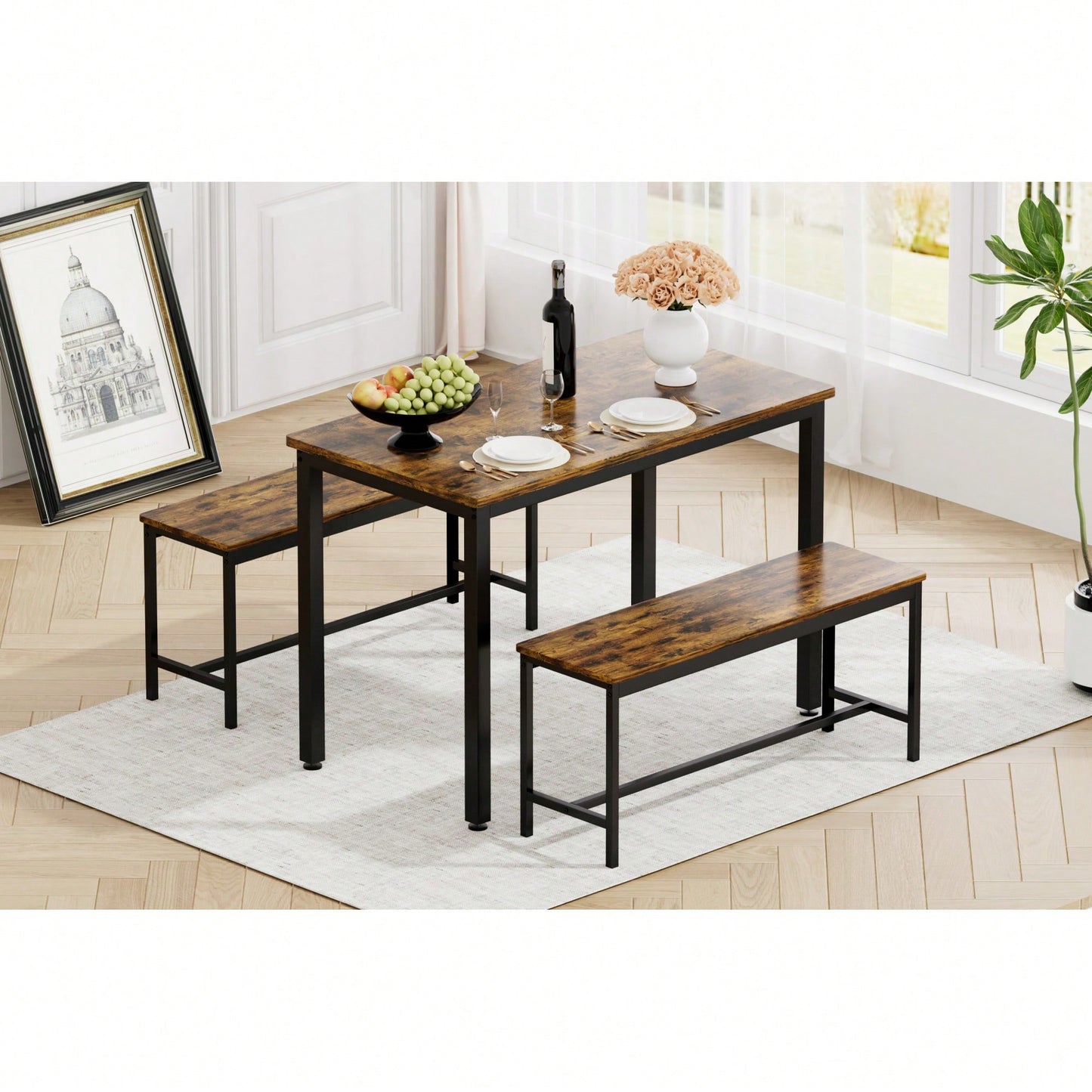 Industrial Rustic Dining Table Set With 2 Benches And Chairs For Kitchen Breakfast Living Room Party Room