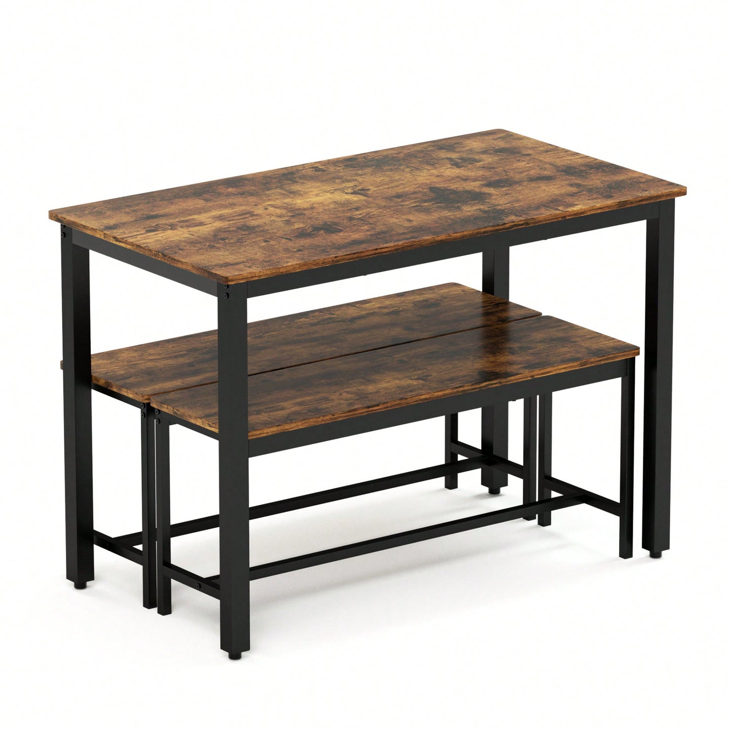 Industrial Rustic Dining Table Set With 2 Benches And Chairs For Kitchen Breakfast Living Room Party Room